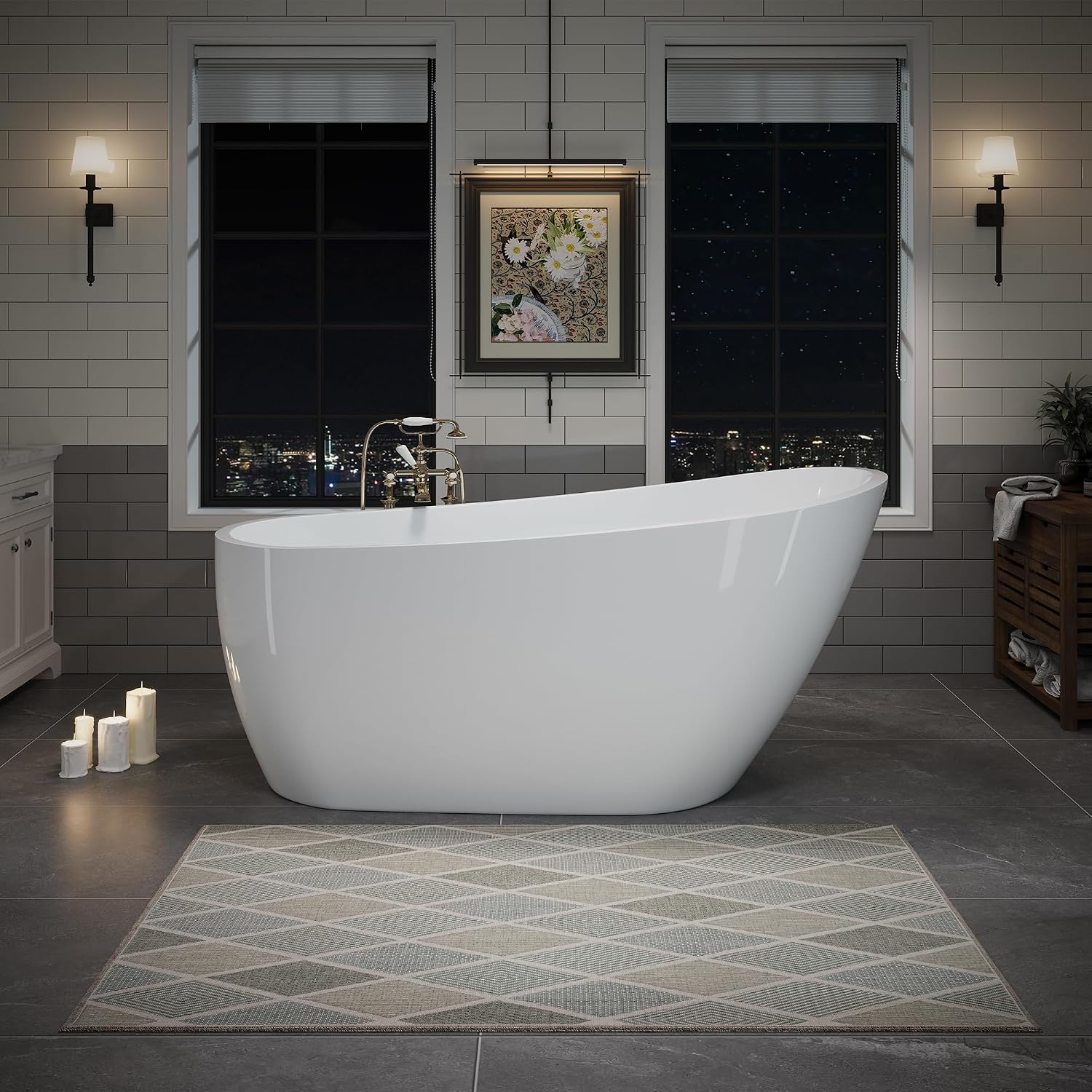 ABRUZZO 63' Acrylic Freestanding Bathtub - Deep Soaking Tub with Pop-Up Drain & Overflow, Glossy White Standalone Bathtub for Modern Bathroom, Fiberglass Reinforced Construction