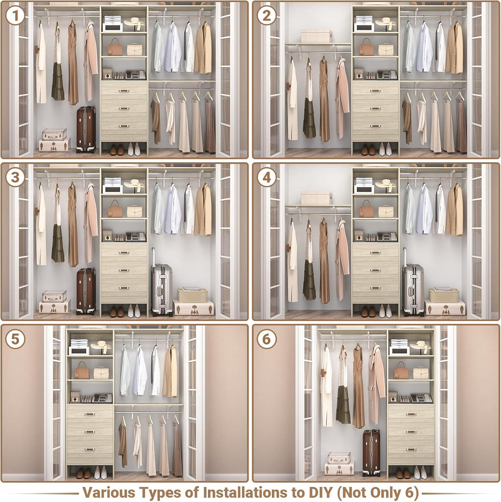 Closet System with 3 Drawers - 8FT Wood Closet Organizer with 3 Shelving Tower & Hanging Rods, 96' Walk-in Wardrobe Closet Organizer System for 4-8FT Spaces, Heavy Duty Garment Clothes Rack, White Oak