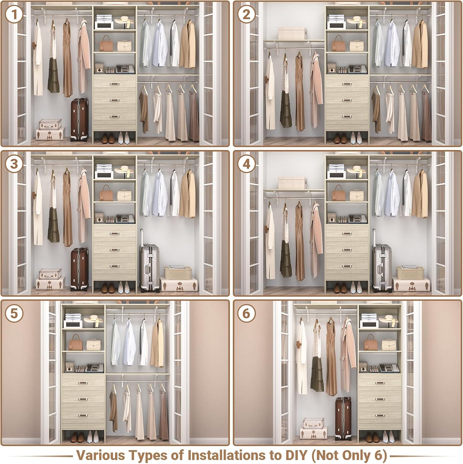 Closet System with 3 Drawers - 8FT Wood Closet Organizer with 3 Shelving Tower & Hanging Rods, 96' Walk-in Wardrobe Closet Organizer System for 4-8FT Spaces, Heavy Duty Garment Clothes Rack, White Oak