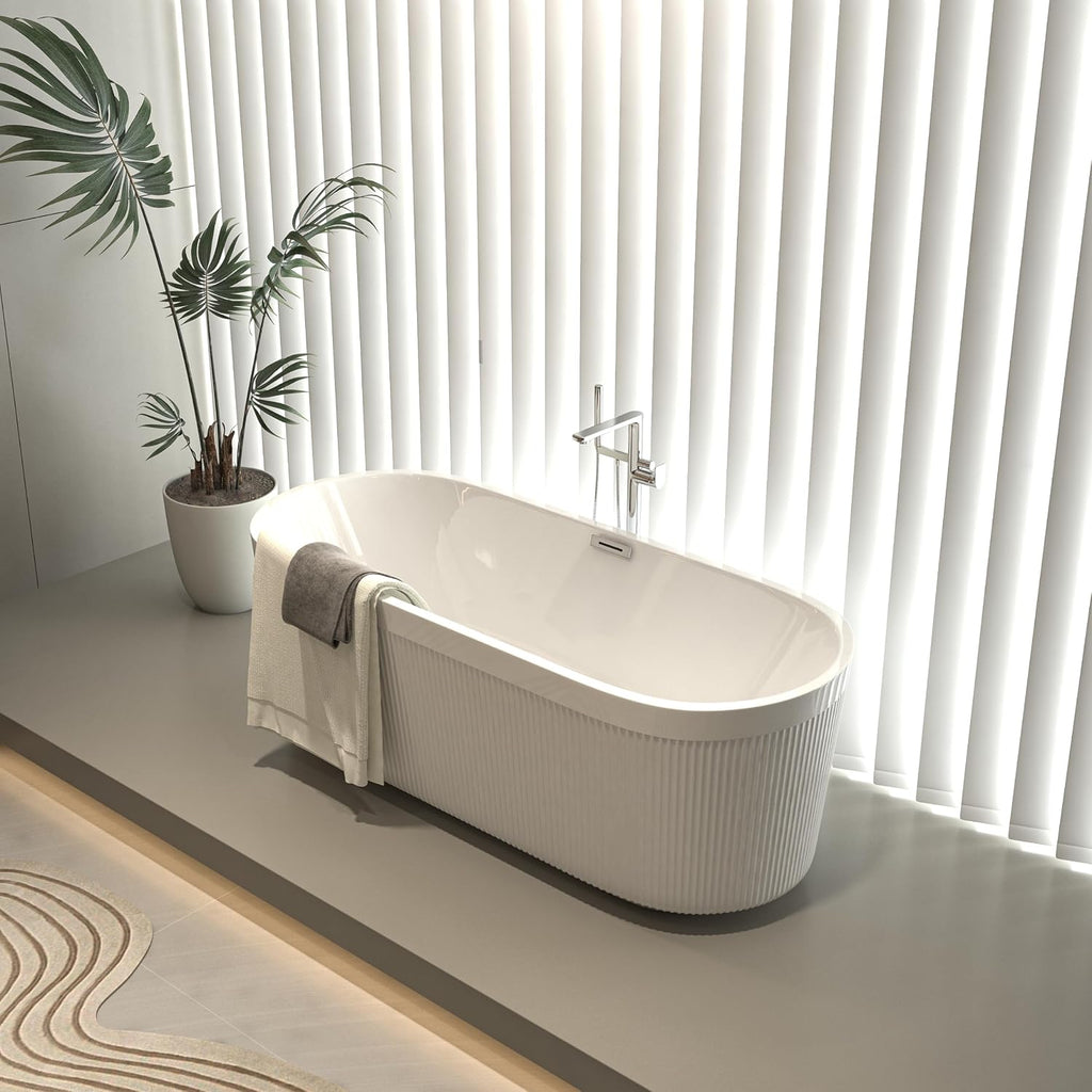 59' Acrylic Freestanding Bathtub with Unique Pleated Design: Spacious Oval Shape, Gloss White Finish, Chrome Overflow & Pop-Up Drain