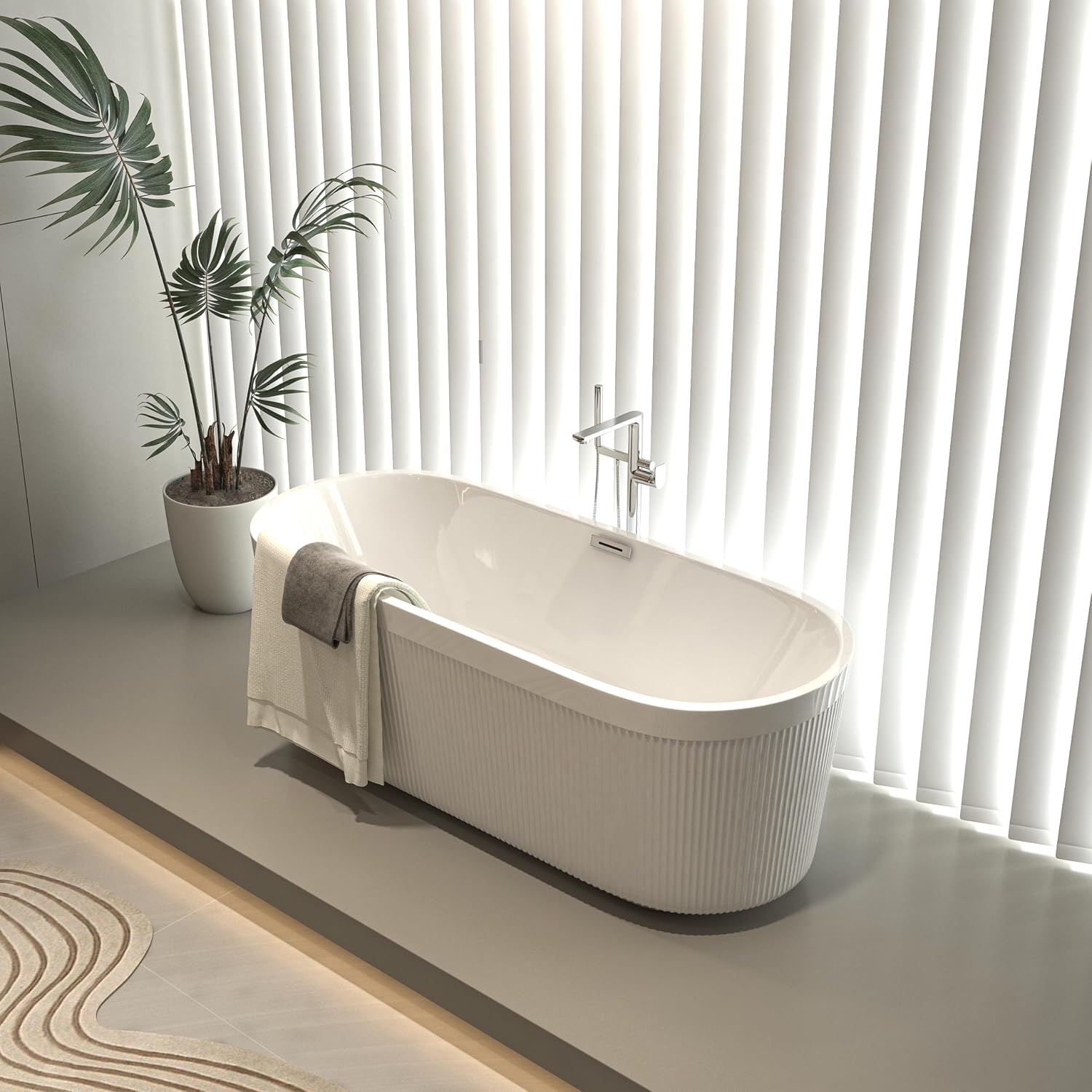 59' Acrylic Freestanding Bathtub with Unique Pleated Design: Spacious Oval Shape, Gloss White Finish, Chrome Overflow & Pop-Up Drain