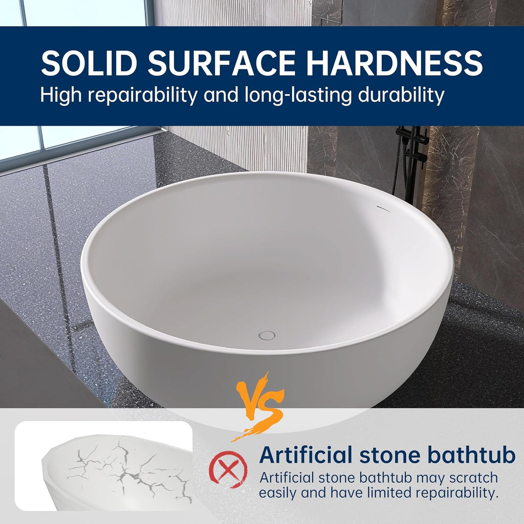 59'' Stone Resin Solid Surface Freestanding Bathtub,Round Bathtub，Modern Elegant Design Soaking Stand Alone Tub, Matte White, Drain and Overflow Included 005-1500