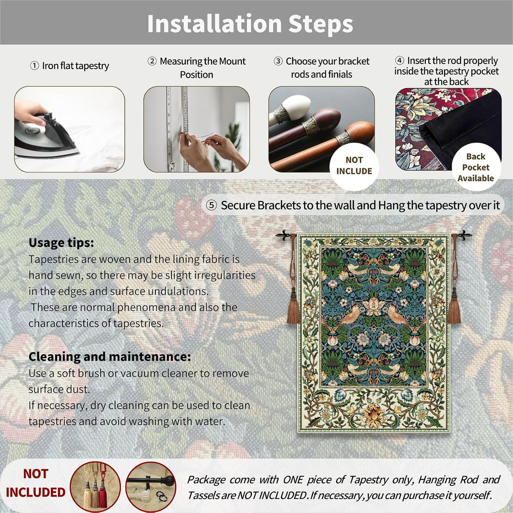 ORIMONY William Morris Strawberry Thief Tapestry - Vintage Floral Bird Art, Medieval Jacquard Woven Tapestry Wall Hanging for Living Room & Bedroom Size 27'x35' (Royal Blue)