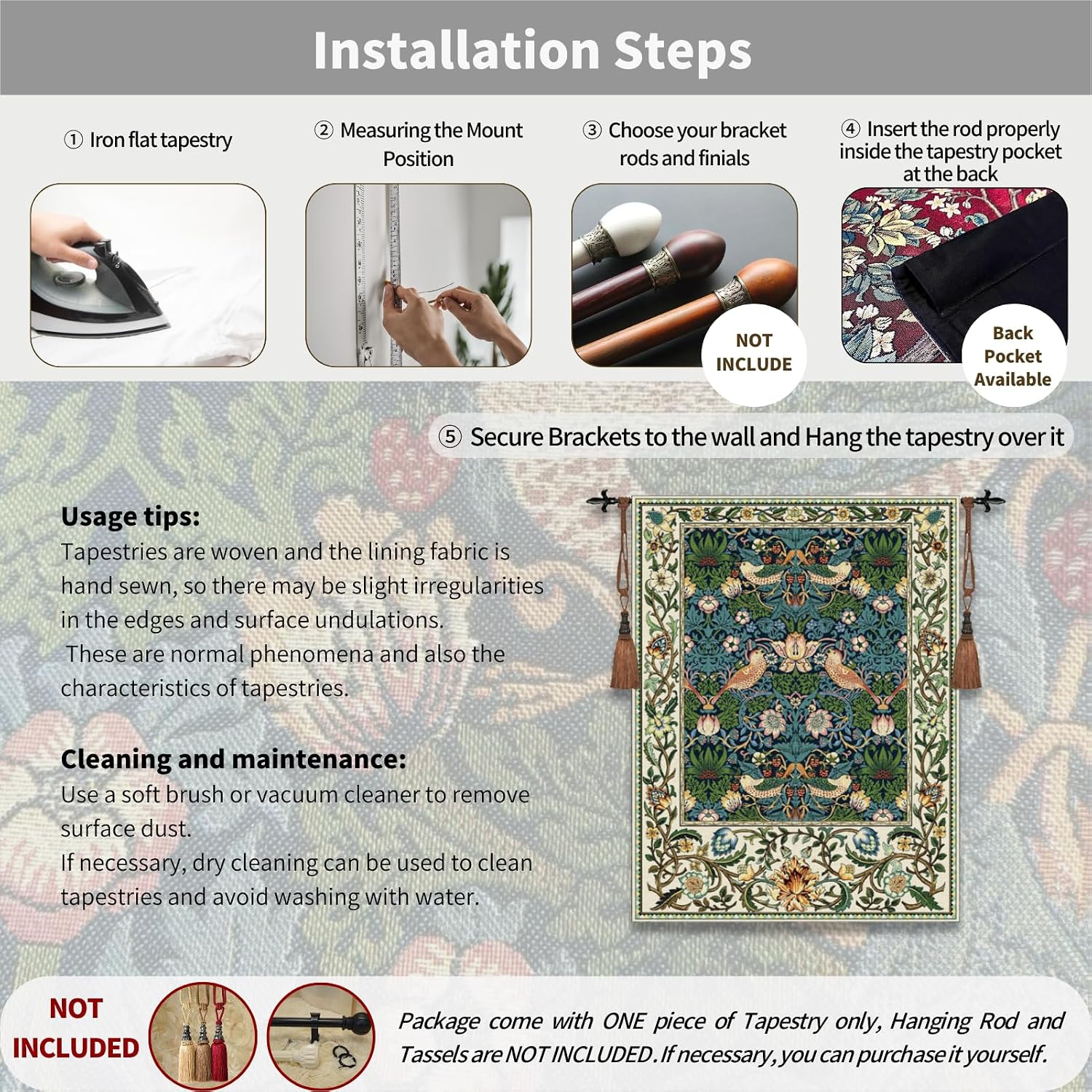 ORIMONY William Morris Strawberry Thief Tapestry - Vintage Floral Bird Art, Medieval Jacquard Woven Tapestry Wall Hanging for Living Room & Bedroom Size 27'x35' (Royal Blue)