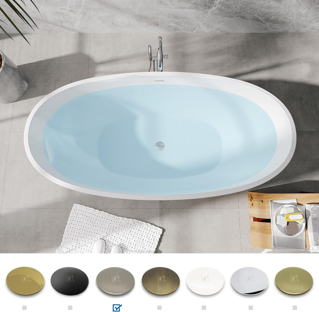 FerdY Koh Samui 65' Freestanding Bathtub, Elegant Oval Shape, Double Walled Insulation Bathtub with Center Brushed Nickel Drain & Minimalist Linear Design Overflow