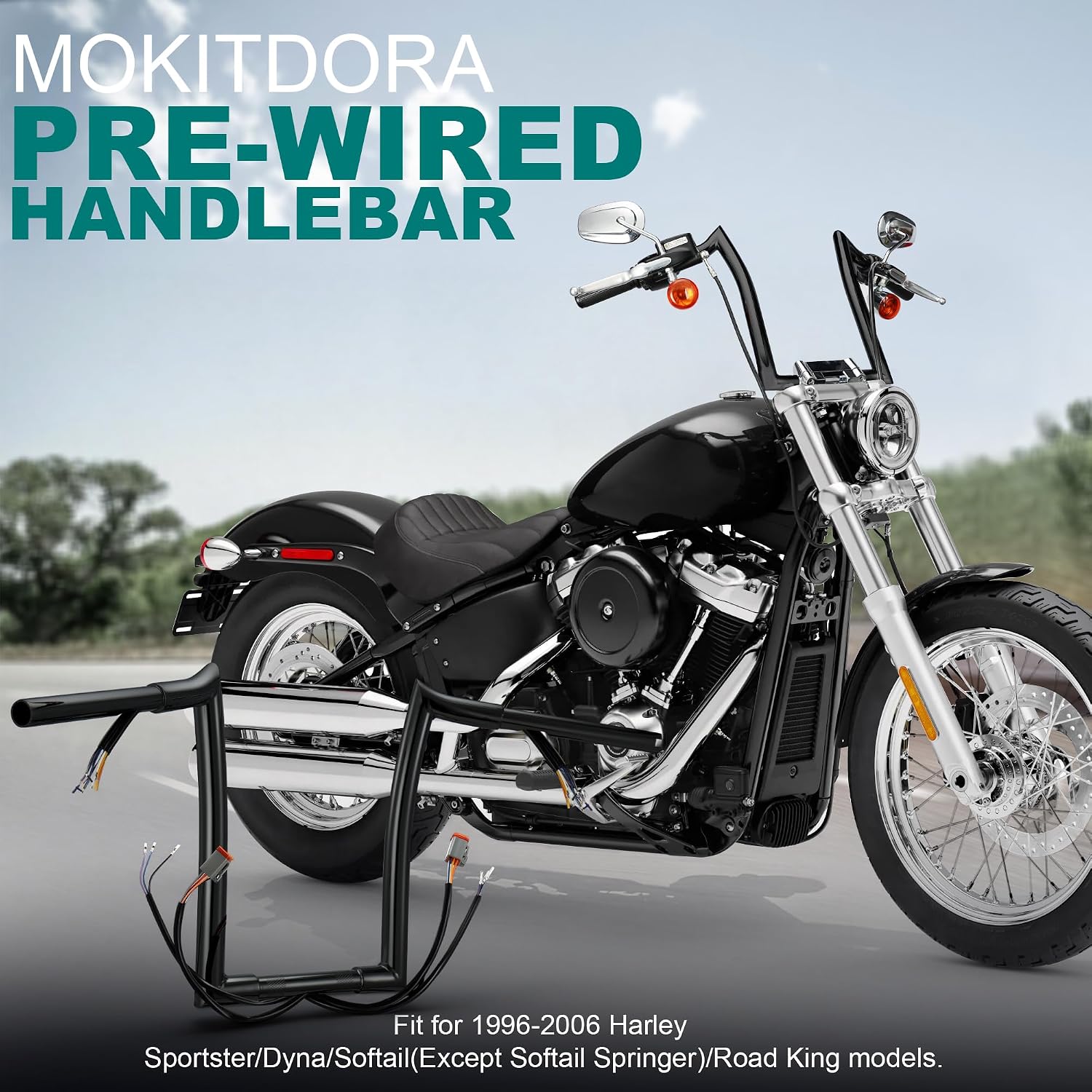 MoKitDora Sportster Dyna Softail Prewired Handlebar 14' Rise Ape Hanger Meathook Bars for Harley 1996-2006 XL Road King FLHR, Black