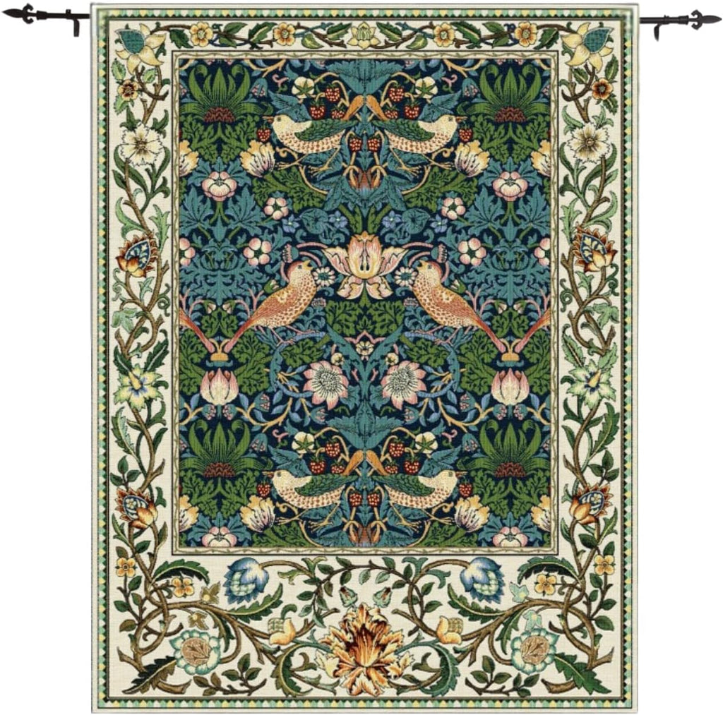 ORIMONY William Morris Strawberry Thief Tapestry - Vintage Floral Bird Art, Medieval Jacquard Woven Tapestry Wall Hanging for Living Room & Bedroom Size 27'x35' (Royal Blue)