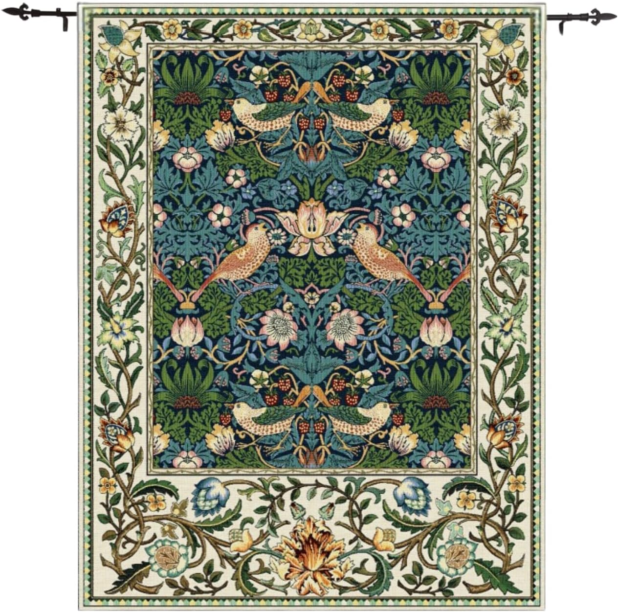 ORIMONY William Morris Strawberry Thief Tapestry - Vintage Floral Bird Art, Medieval Jacquard Woven Tapestry Wall Hanging for Living Room & Bedroom Size 27'x35' (Royal Blue)