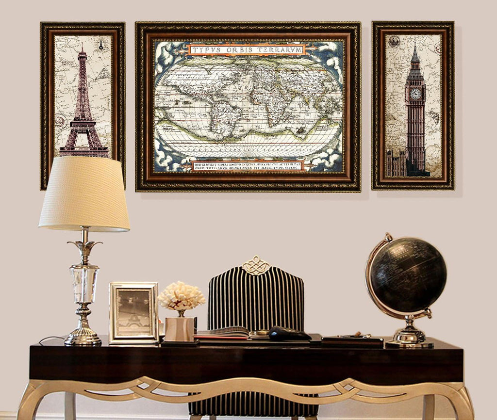 ELITEART-Old Vintage World Map Oil Painting Reproduction Giclee Wall Art Canvas Prints-Framed Size:37 3/4' x 27 3/8'
