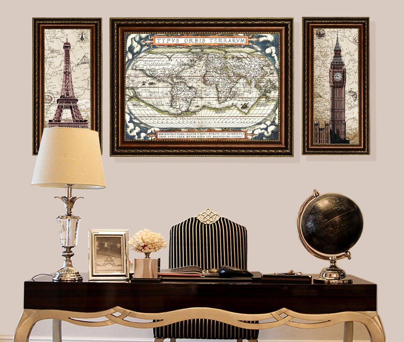 ELITEART-Old Vintage World Map Oil Painting Reproduction Giclee Wall Art Canvas Prints-Framed Size:37 3/4' x 27 3/8'