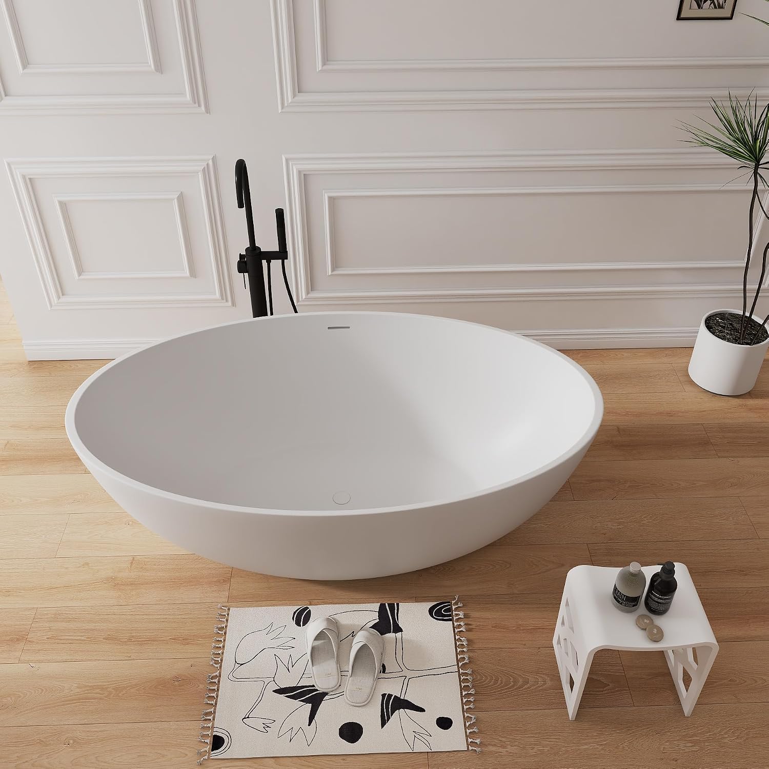 67' Premium Freestanding Bathtub Solid Surface Soaking Tub with Overflow and Pop-up Drain, Matte White