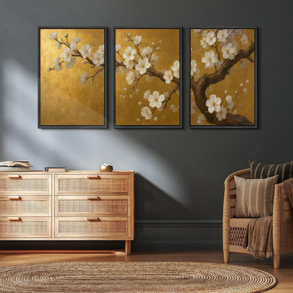 wall26 Framed Canvas Print Wall Art Set Golden Cherry Blossom Tree Elegant Floral Illustrations Fine Art Decorative Rustic for Living Room, Bedroom, Office - 16'x24'x3 Black