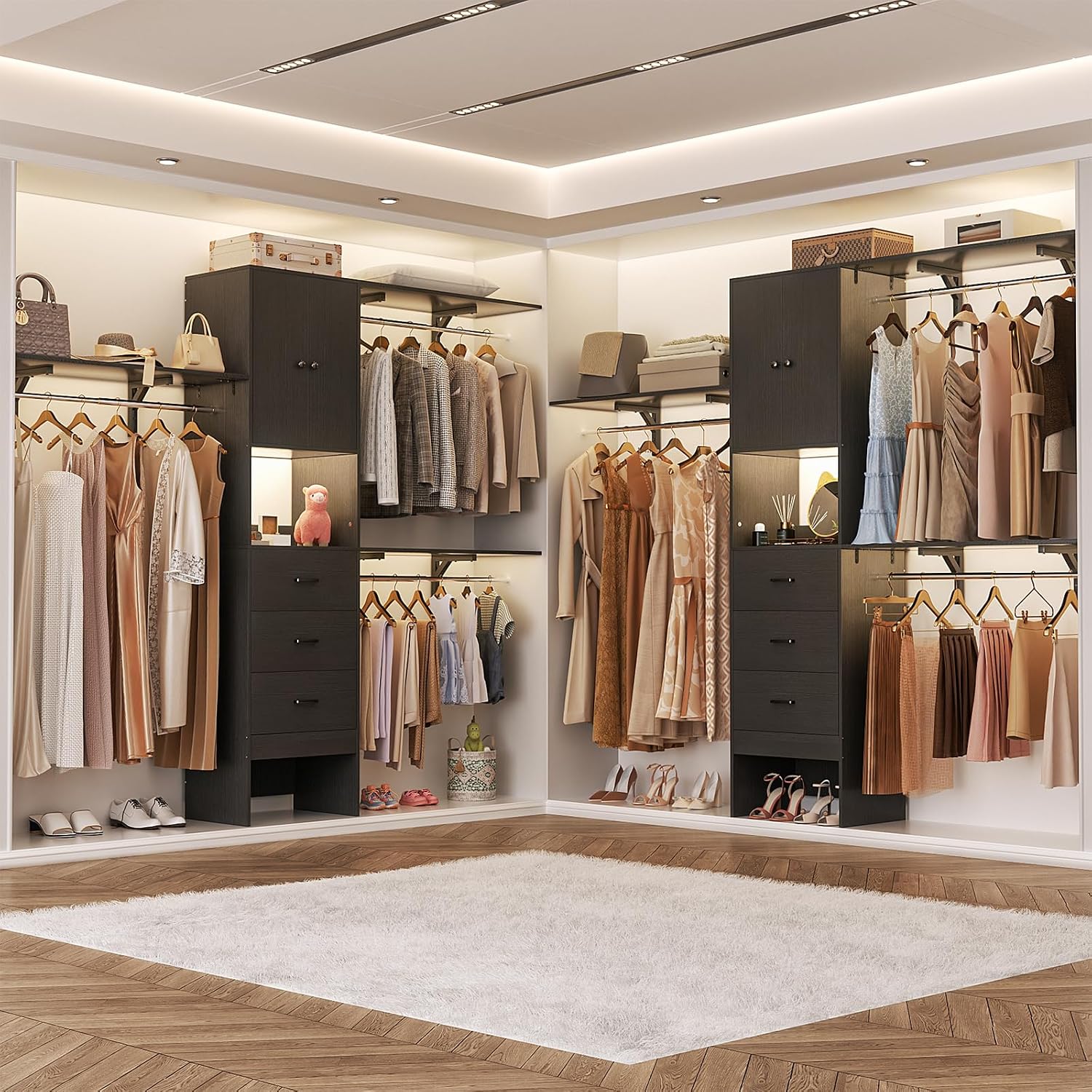 Armocity 96 Inches Closet System with Doors, 8FT Walk In Closet Organizer with 3 Shelving Towers, Heavy Duty Clothes Garment Rack with 3 Wood Drawers, 96' L x 16' W x 80' H, Max Load 1000 LBS, Black