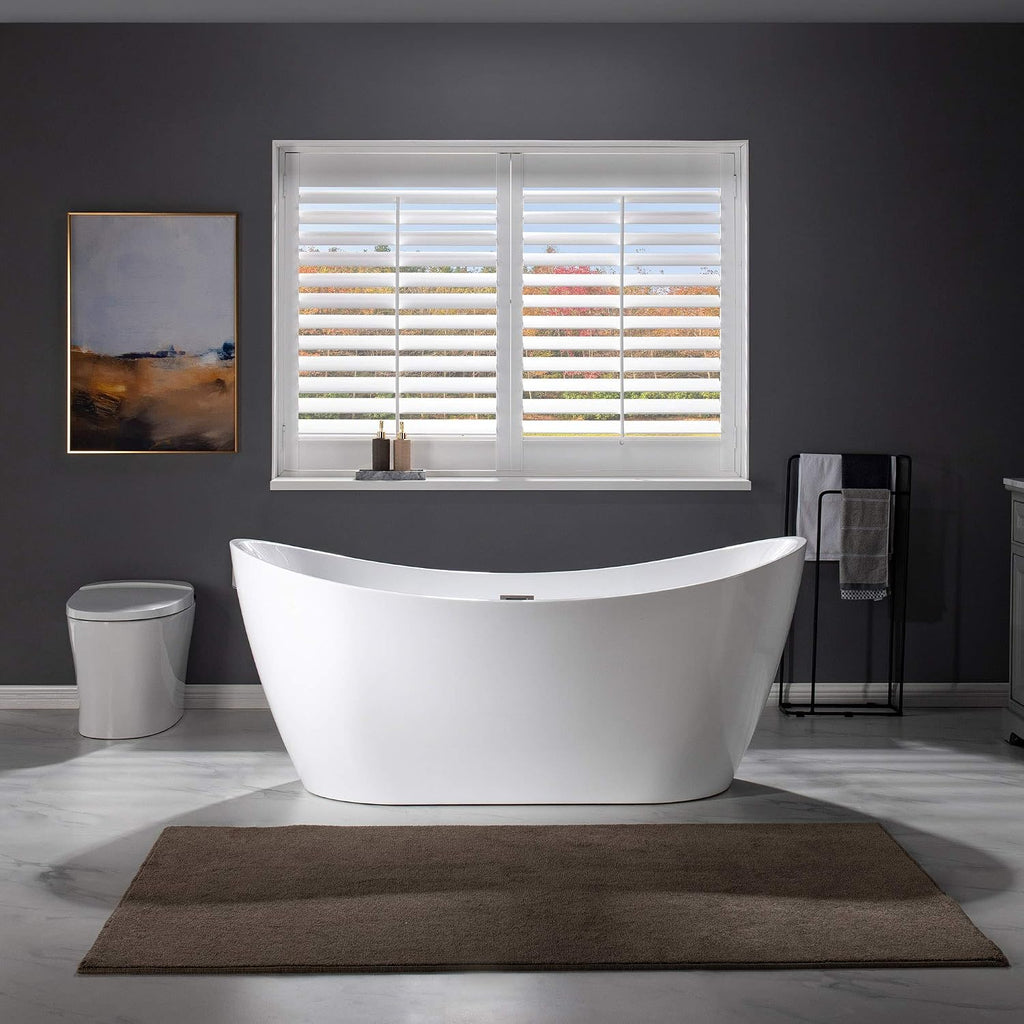 WOODBRIDGE 67' Acrylic Freestanding Bathtub Contemporary Soaking Tub, White Acrylic (Brushed Nickel Drain/Overflow) with Pillow