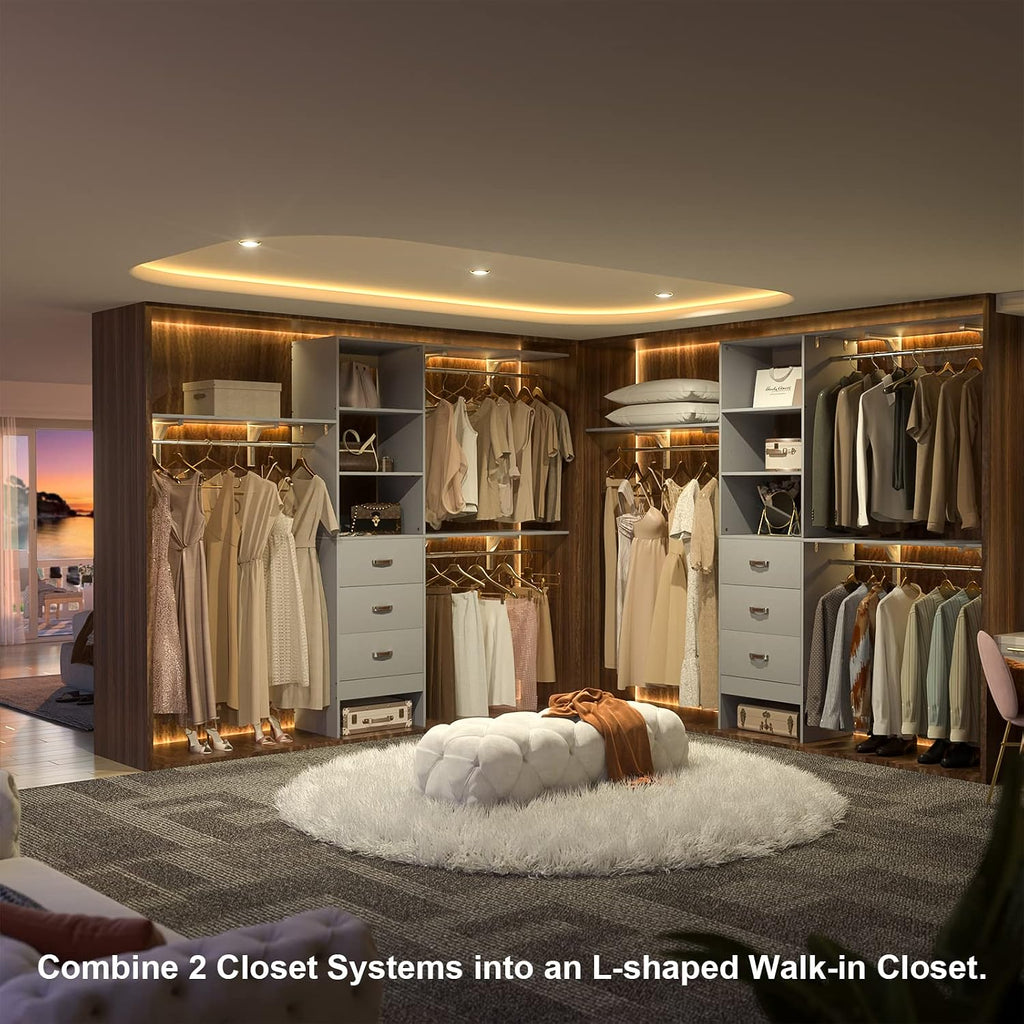 Armocity 96' Wood Closet System with 3 Enclosed Drawers & 3 Solid Shelves, 8FT Adjustable Closet Organizers and Storage, Heavy Duty Modular Wardrobe for Reach-In & Walk-In, 1000 LBS Load, Grey