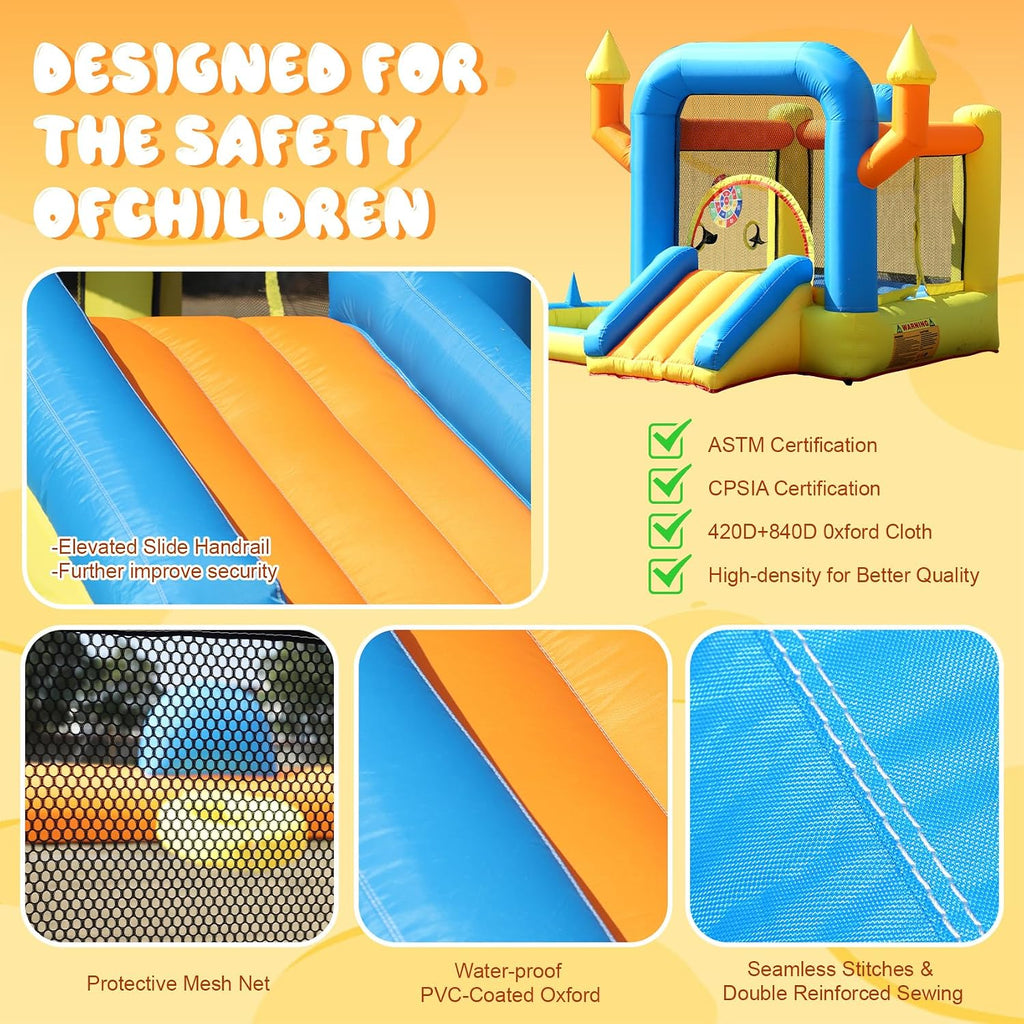 Inflatable Bounce House for Kids Ages 3-8,9.35FT Bouncy House for Kids with Jumping Area, Basketball Hoop, 370W Air Blower, Mini Bounce House for Boys Girls Backyard Birthday Party Gifts
