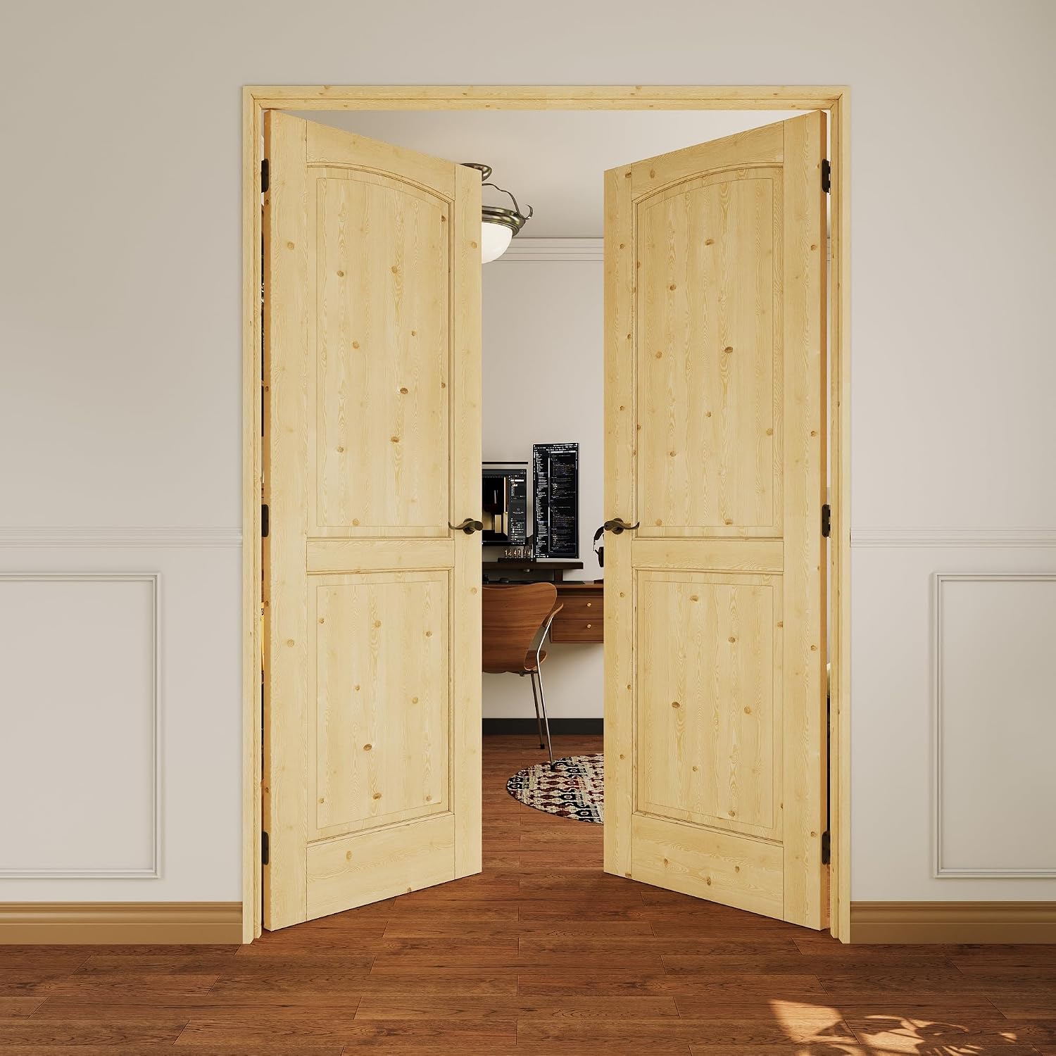 French Door 56' x 80' (Double 28' x 80') 2-Panel Arch Top Pine Wood Door Slabs Prehung Jamb, Black Hinges, Levers and Latch, Unfinished Solid Wood Doors, French Interior Doors for Room