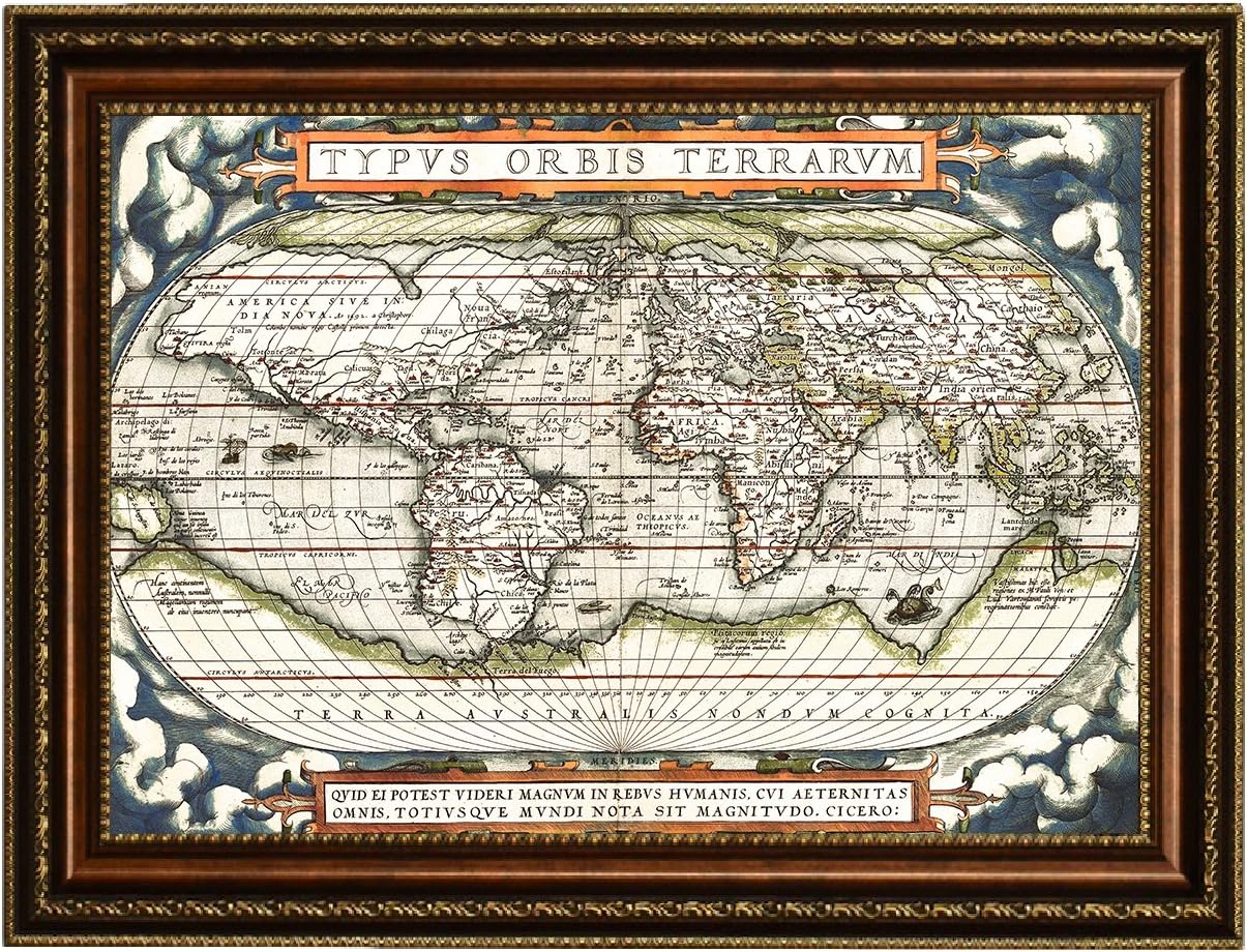 ELITEART-Old Vintage World Map Oil Painting Reproduction Giclee Wall Art Canvas Prints-Framed Size:37 3/4' x 27 3/8'