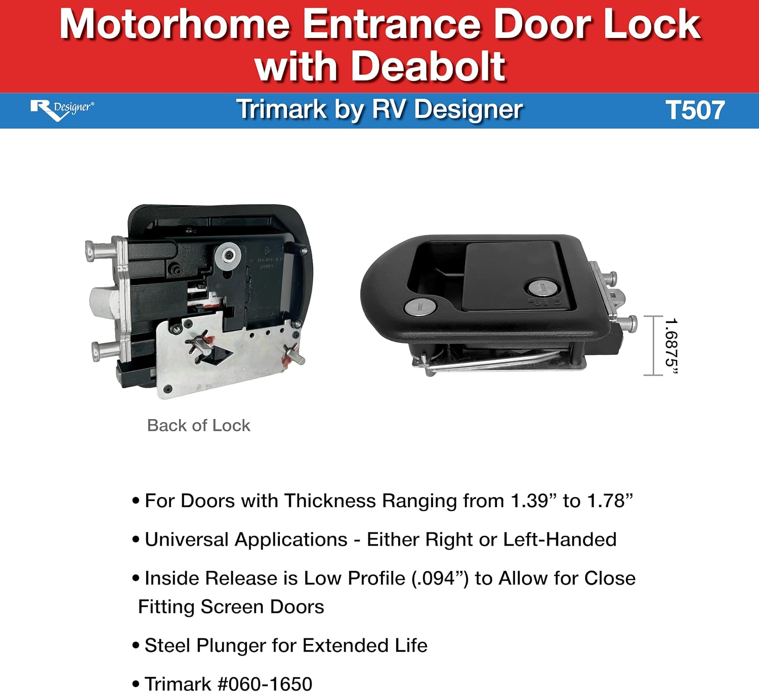 RV Designer T507 TriMark Motorhome Entrance Door Lock with Deadbolt - Fit for 1.38-1.58' RV Motorhome Doors - Right/Left-Hand Use - FMVSS 206 Compliant