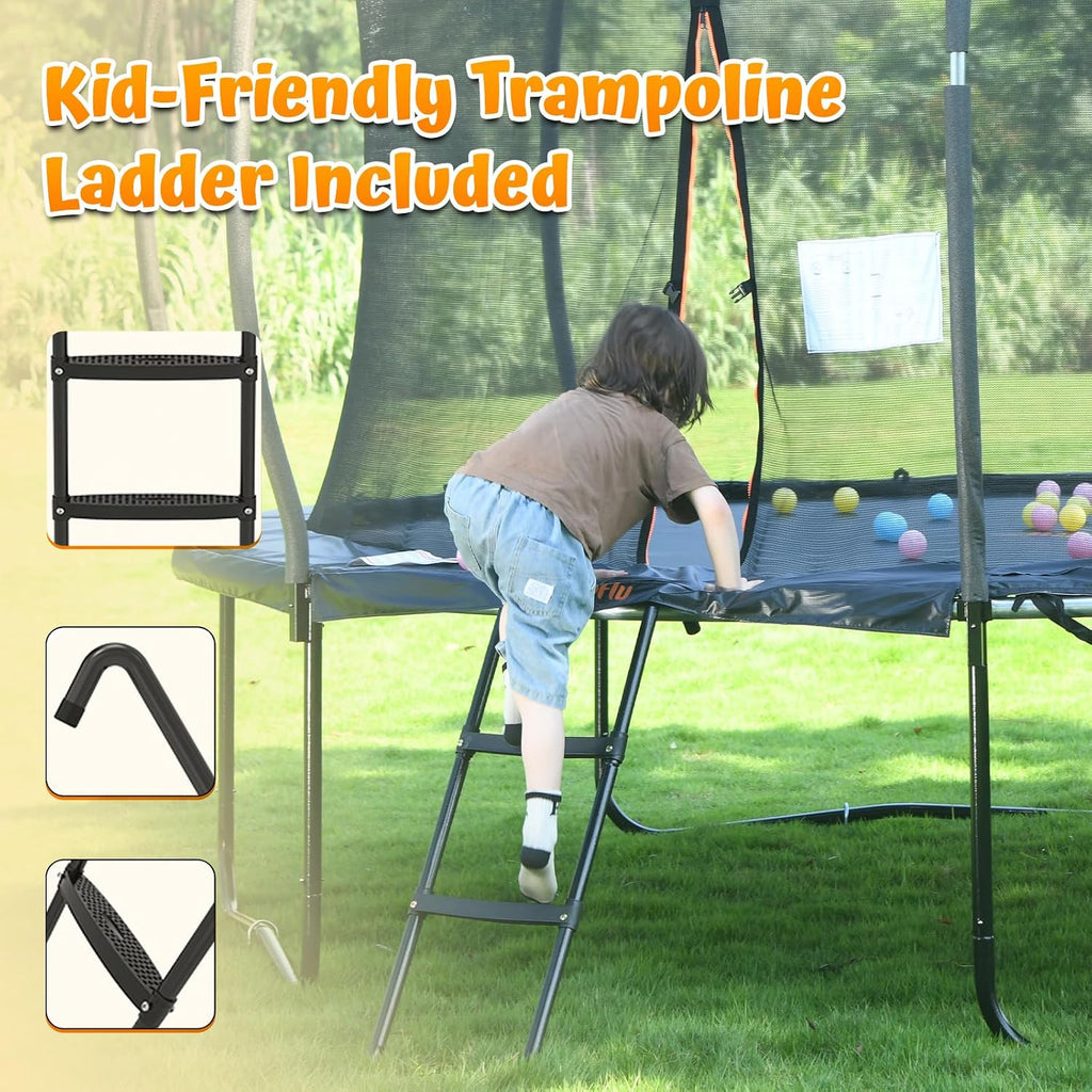 jumpfly Tranpoline 8/10/12/14/15/16FT Tranpoline Outdoor for Kids and Adults Recreational Tranpolines with Basketball Hoop, Anti-Rust Ladder, ASTM Approved