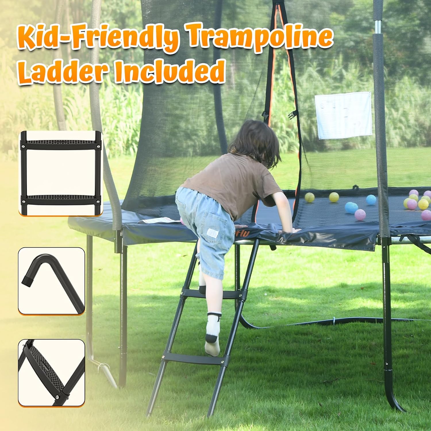 jumpfly Tranpoline 8/10/12/14/15/16FT Tranpoline Outdoor for Kids and Adults Recreational Tranpolines with Basketball Hoop, Anti-Rust Ladder, ASTM Approved