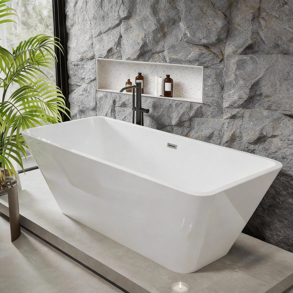 59' Freestanding Acrylic Soaking Tub,Large Freestanding Bathtub with Non-Slip Surface, Overflow and Drain Included, Freestanding Bathtub with Chrome Drain, Deep Stand-Alone Tub for Relaxing Home Spa