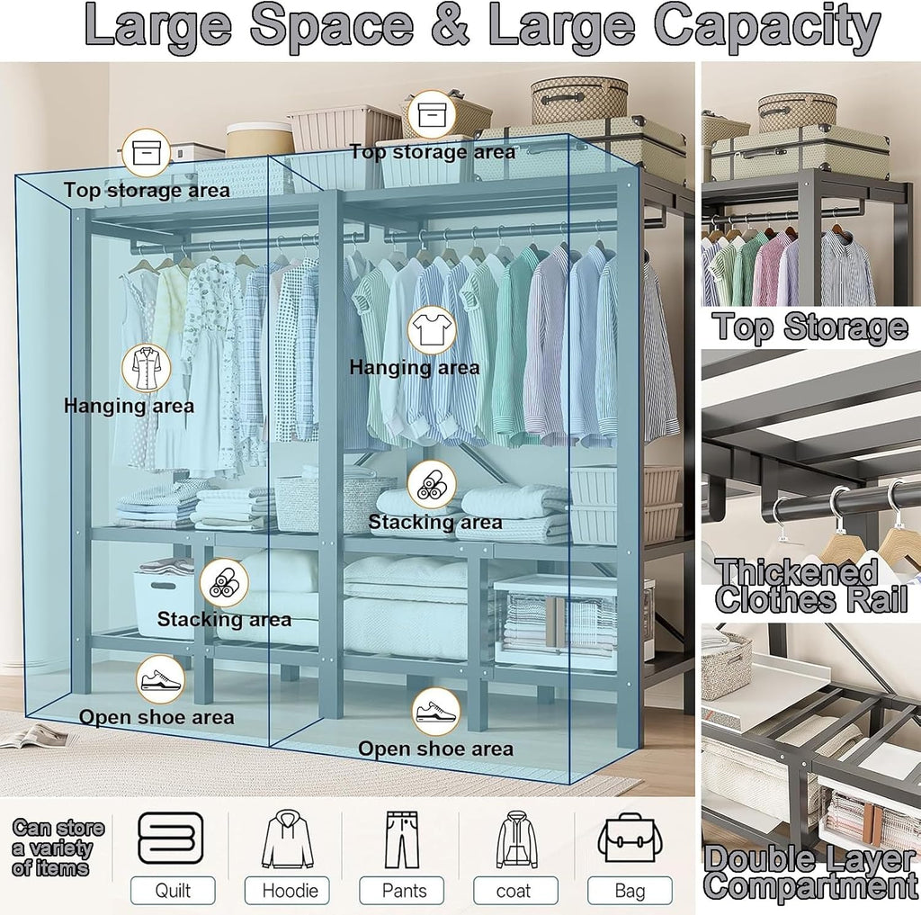 Large Portable Closets for Hanging Clothes, 70' Heavy Duty Clothes Rack with Cover Foldable Multi-Functional Wardrobe
