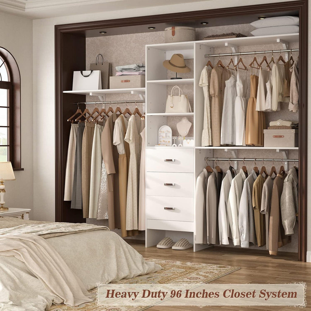 Armocity 96' Wood Closet System with 3 Enclosed Drawers & 3 Solid Shelves, 8FT Adjustable Closet Organizers and Storage, Heavy Duty Modular Wardrobe for Reach-In & Walk-In, 1000 LBS Load, White