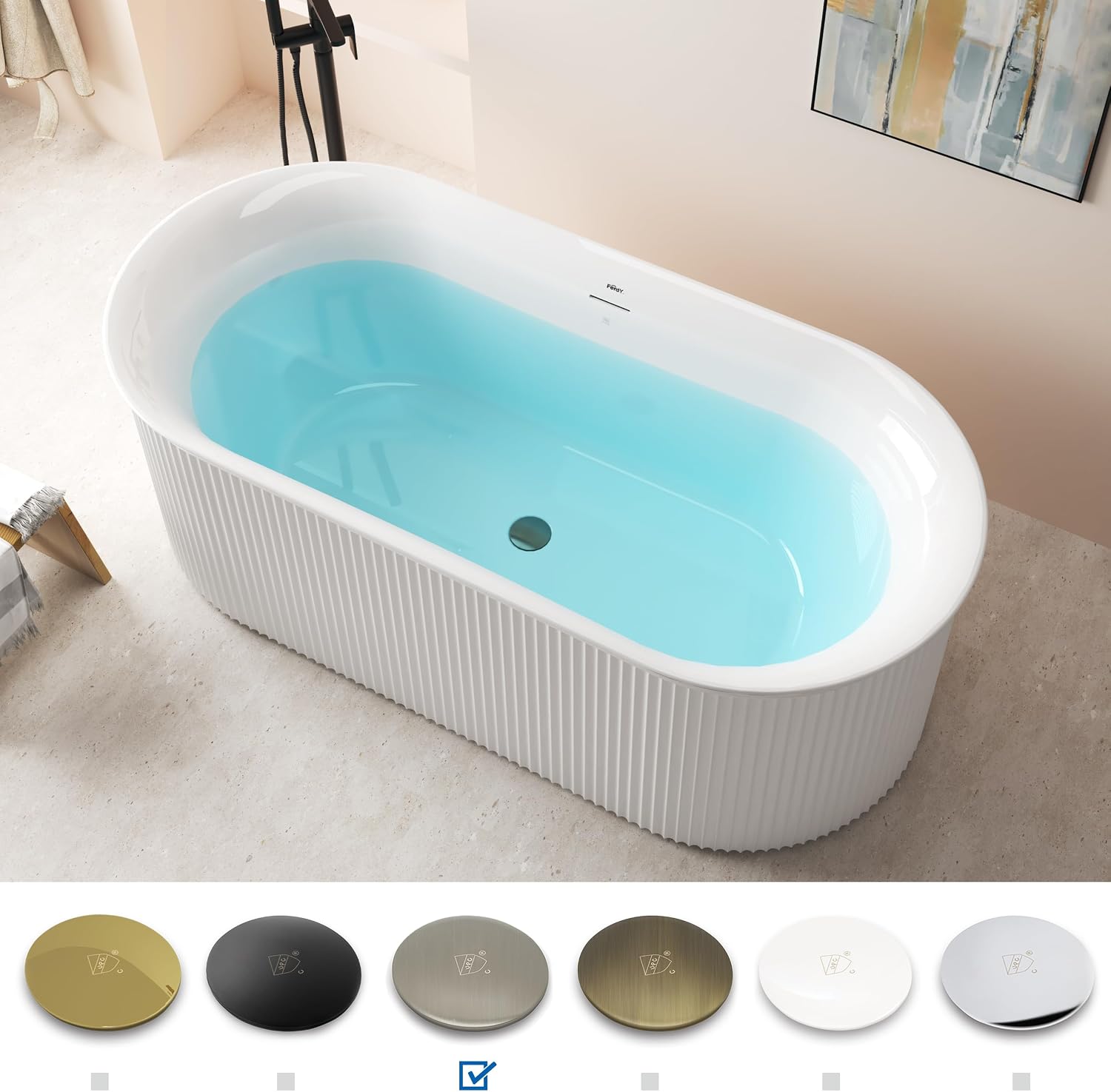FerdY Nami 67' Acrylic Freestanding Bathtub, V Shape Freestanding Soaking Acrylic Bathtub, Modern White, Brushed Nickel& Bath Pillow for Bathtub,Thick Tub Pillows, Breathable 4D Air Mesh