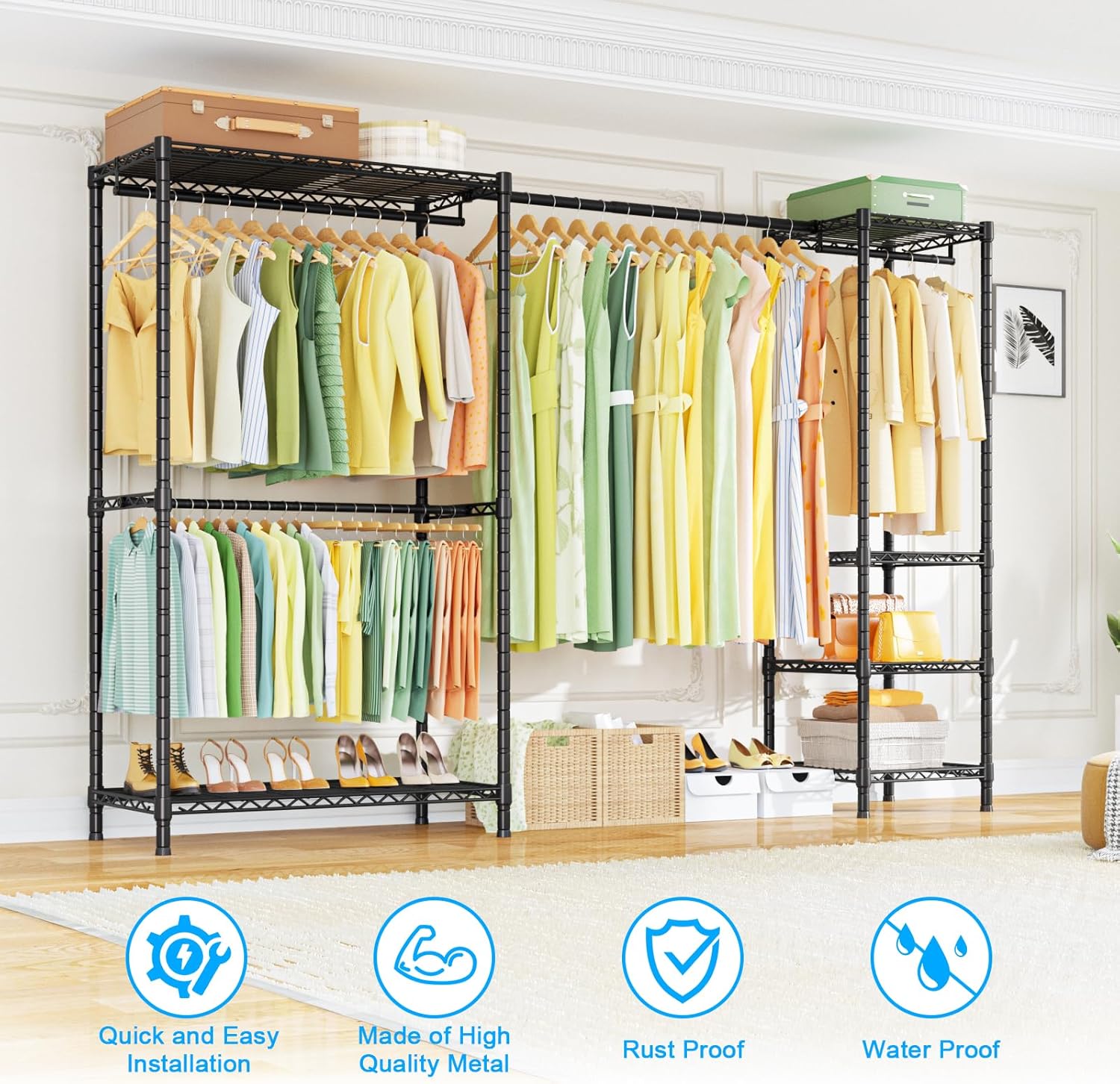 Ulif E10 (With Stretchable Hanger Rod) and E13C (With Dustproof Cover) Closet Organizer System, Freestanding Clothing Racks for Hanging Clothes，Adjustable Garment Rack