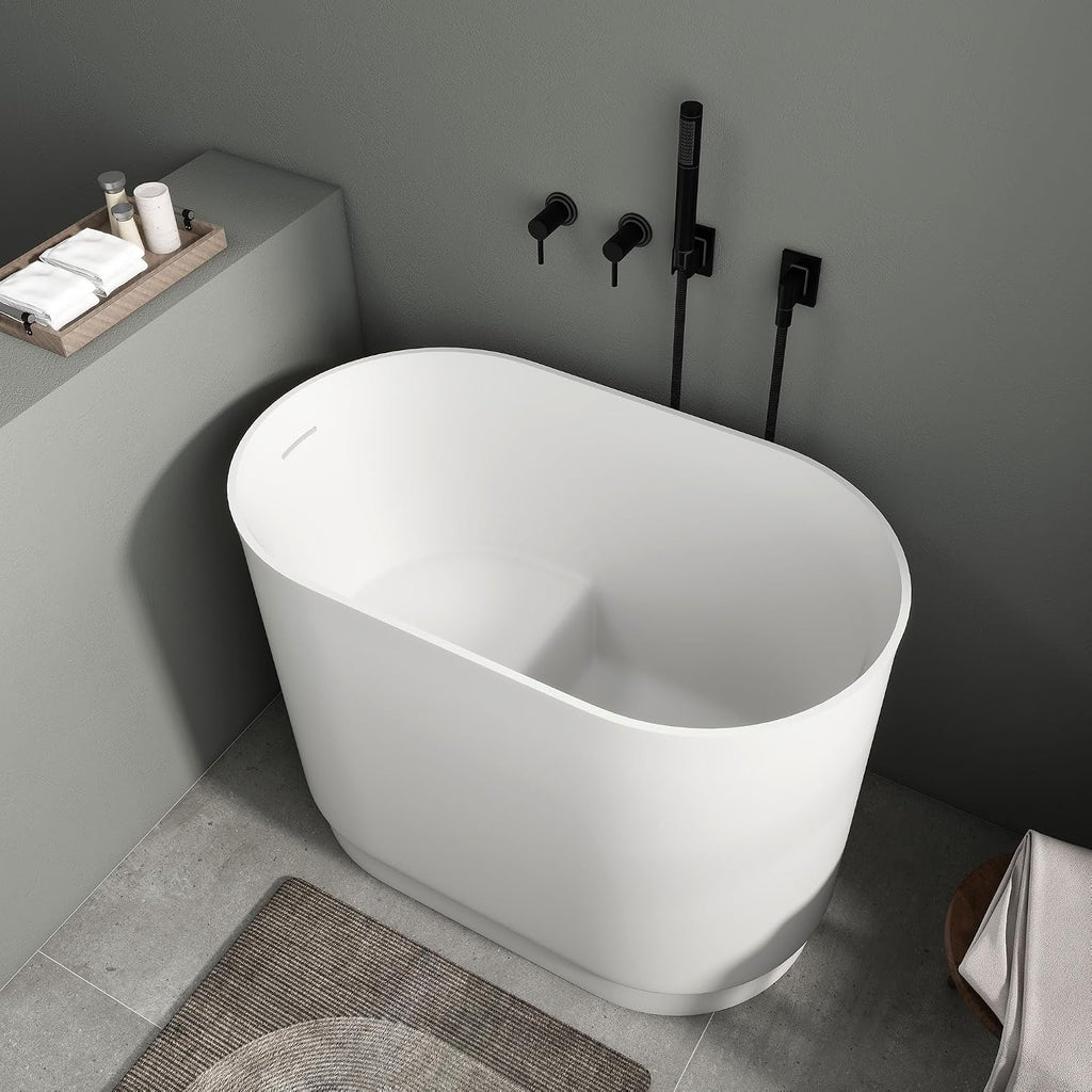 SJ Star&Jane 39' Solid Surface Japanese Soaking Bathtub Stone Resin Freestanding Tub Deep Soaking Bathtub Sit-In Design with Drain and Overflow