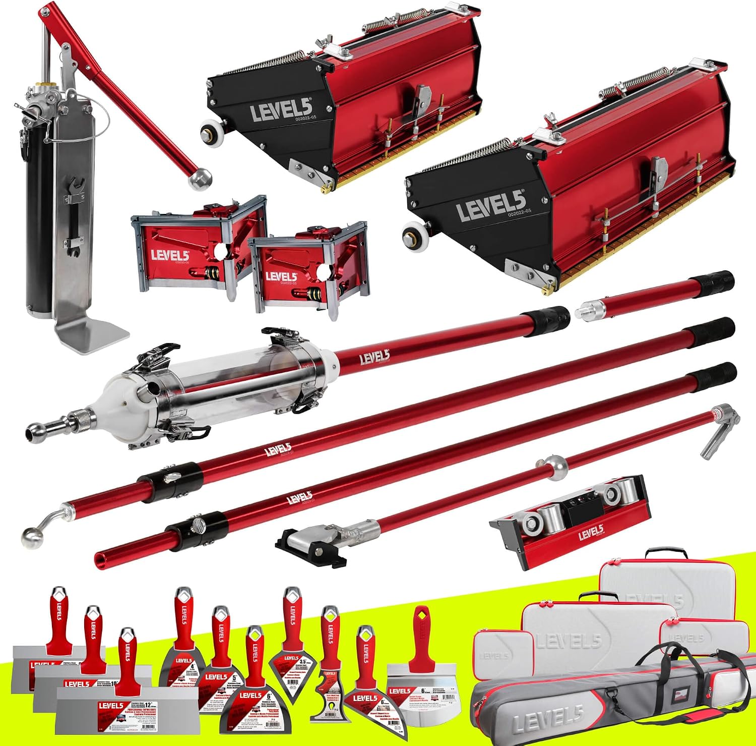 Drywall Finishing Set, MEGA Capacity - LEVEL5 | Pro-Grade | 10/12' MEGA Flat Boxes, Box Handle, Corner Roller, 3'/3.5' Corner Finisher,MiniShot, Compound Pump + Filler | 4-686