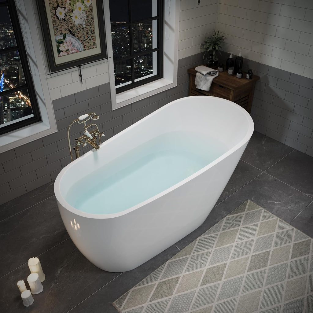 ABRUZZO 55' Acrylic Freestanding Bathtub - Deep Soaking Tub with Pop-Up Drain & Overflow, Glossy White Standalone Bathtub for Modern Bathroom, Fiberglass Reinforced Construction