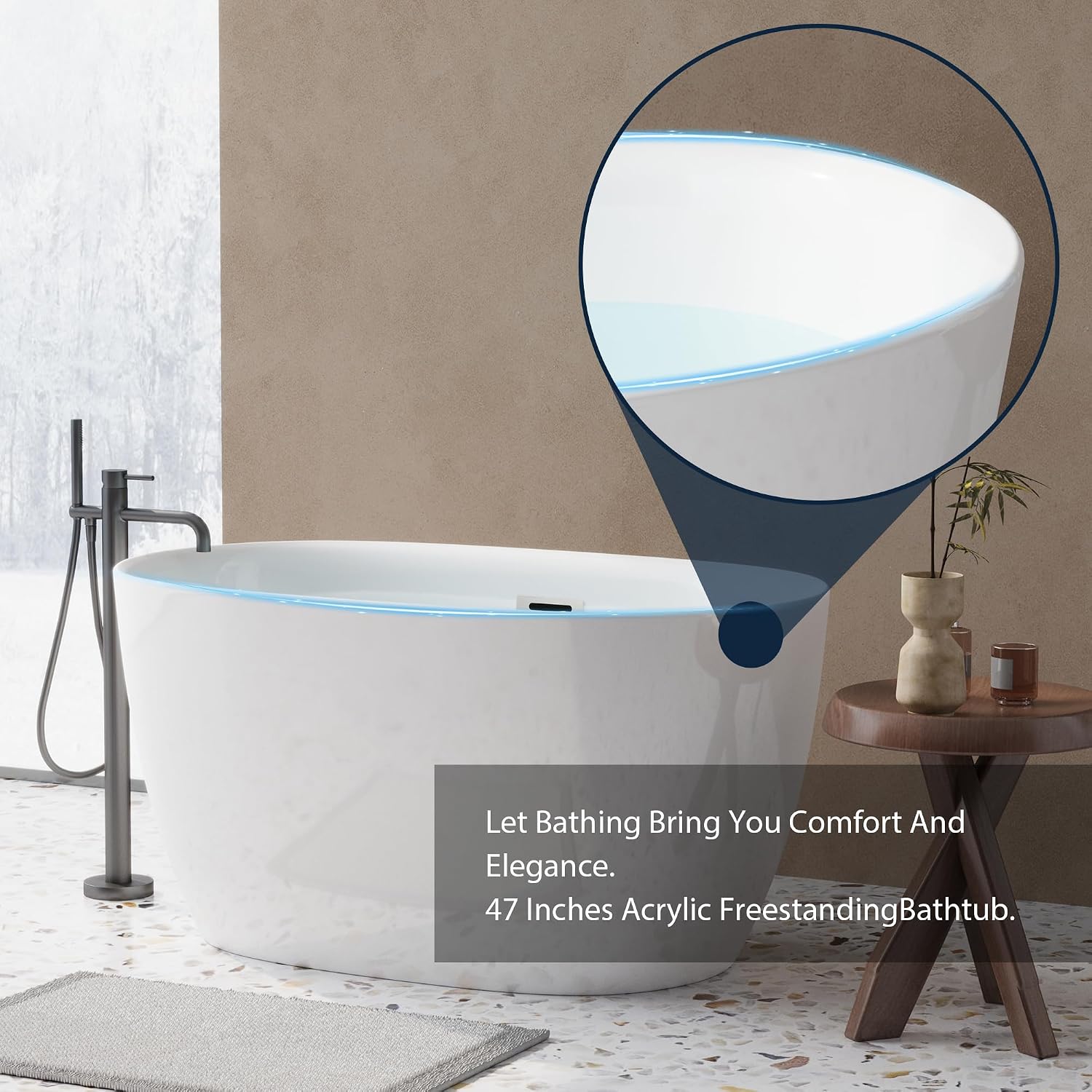 Free Standing Tub,Oval Shape Soaking tub,Bright White Finish Japanese Soaking Tub,Chrome Overflow & Pop-up Row,47' Acrylic Freestanding Bathtub. (C-3270)