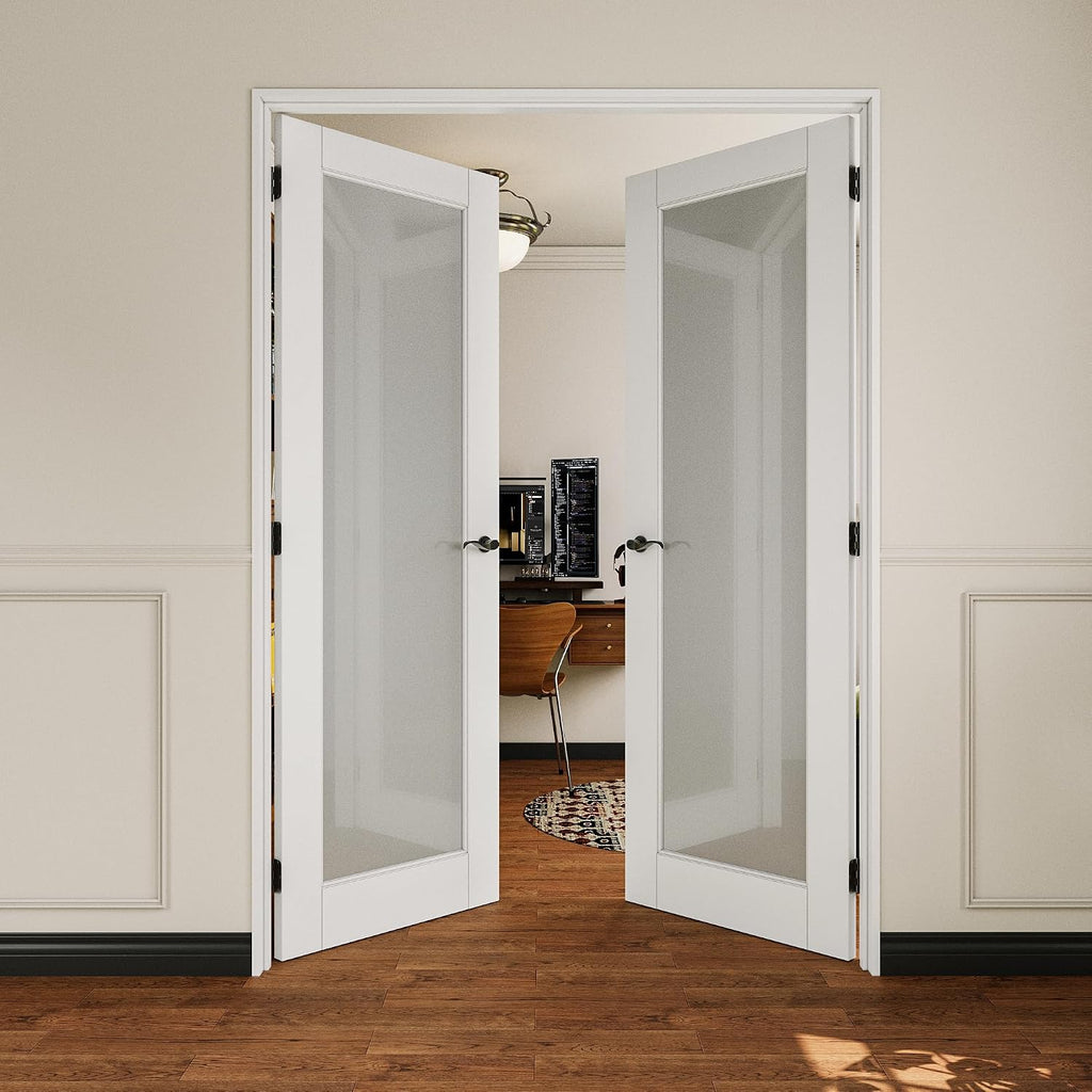 French Door 52' x 80' (Double 26' x 80') Frosted Glass Door Slabs with Pre-Hung Jamb, Black Hinges, Levers and Latch, White Primed, French Interior Doors with Frame, Swing Double Bedroom Doors