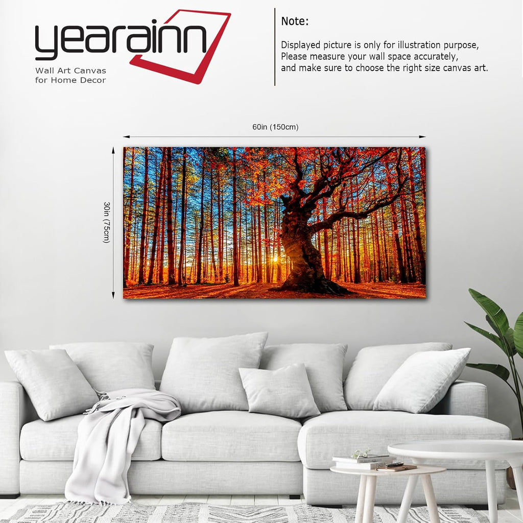 Forest Wall Art Sunset Canvas Pictures Red Leaf Trees Landscape Canvas Artwork Contemporary Nature Painting Print for Living Room Bedroom Home Office Wall Decor Framed Ready to Hang 29' x 58'
