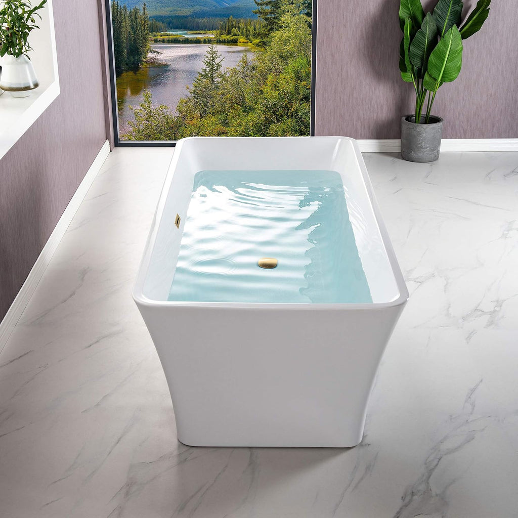 WOODBRIDGE 59'Freestanding White Acylic Soaking Bathtub with White Pillow,Drain and Overflow inBrushed Gold,BTA1509 -BG-Drain &O+ Pillow
