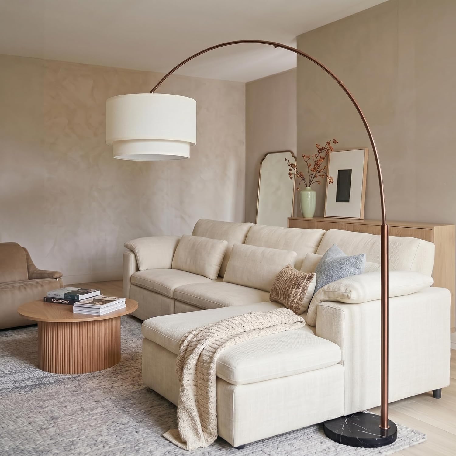 Brightech Mason Arc Floor Lamp - Modern Corner Standing Lamp with Unique Hanging Drum Lamp Shade for Living Room - Bright Overhead, Curved Hanging Light for Bedroom. Library, Den - Bronze