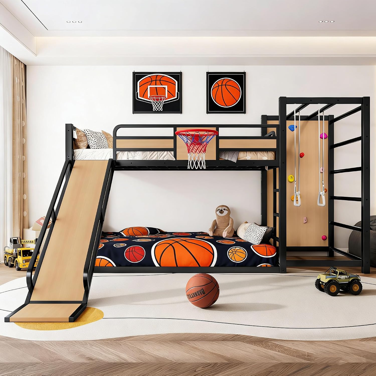 Bellemave Metal Twin Over Twin Bunk Bed Frame with Slide,Twin Size Floor Bunk Bed and Basketball Hoop,Pull-up Rings and Climbing Wall,Heavy Duty Bunk Beds with Bookshelves for Kids Girls Boys,Natural
