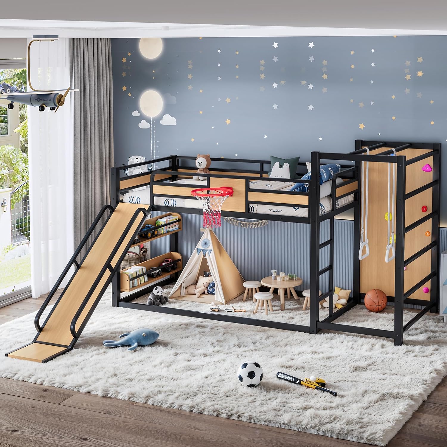 Bellemave Metal Twin XL Over Twin XL Bunk Bed Frame with Slide,Floor Bunk Bed and Basketball Hoop,Pull-up Rings and Climbing Wall,Heavy Duty Bunk Beds with Bookshelves for Kids Girls Boys,Natural