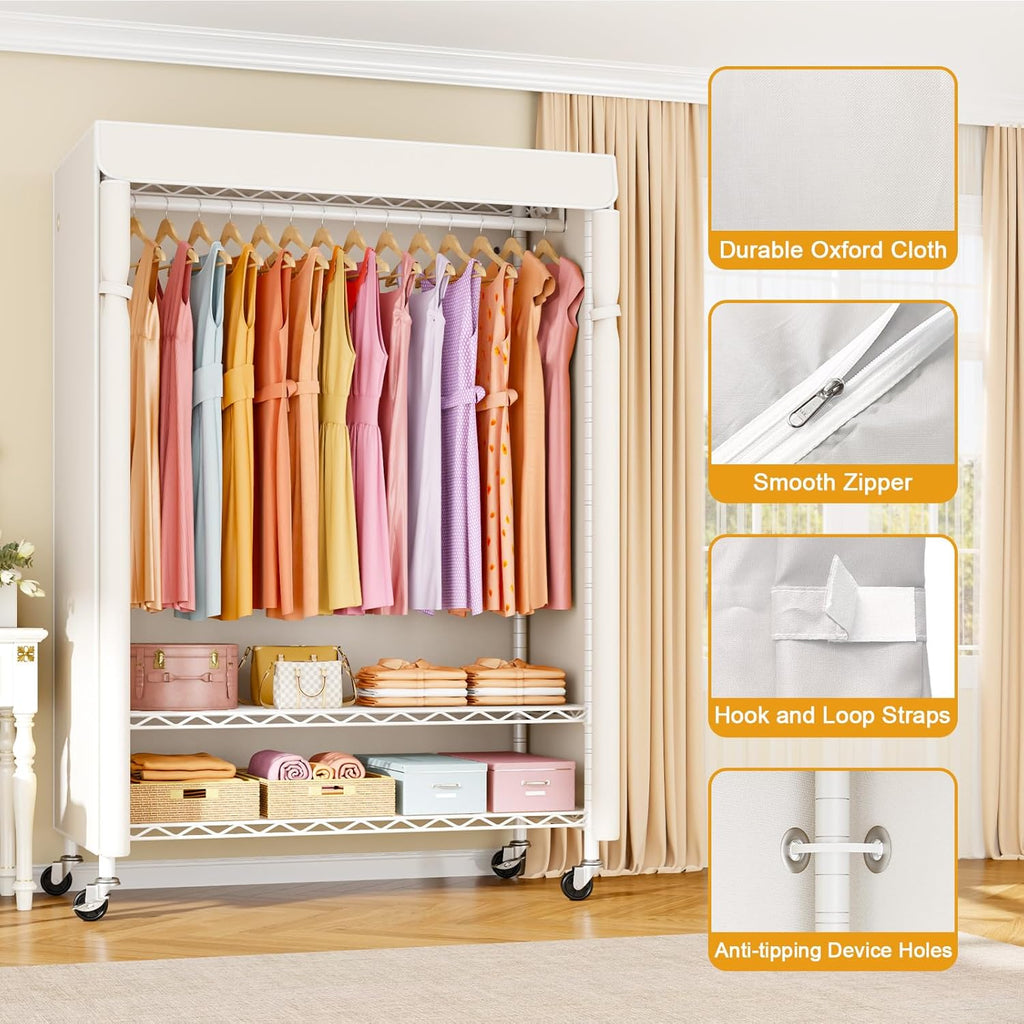 ULIFHOME P6C Plus Rolling Clothes Rack with Cover, Covered Clothing Rack Heavy Duty, Portable Closet for Hanging Clothes, Garment Rack on Wheels, White Closet Rack with White Cover, Max Load 375LBS