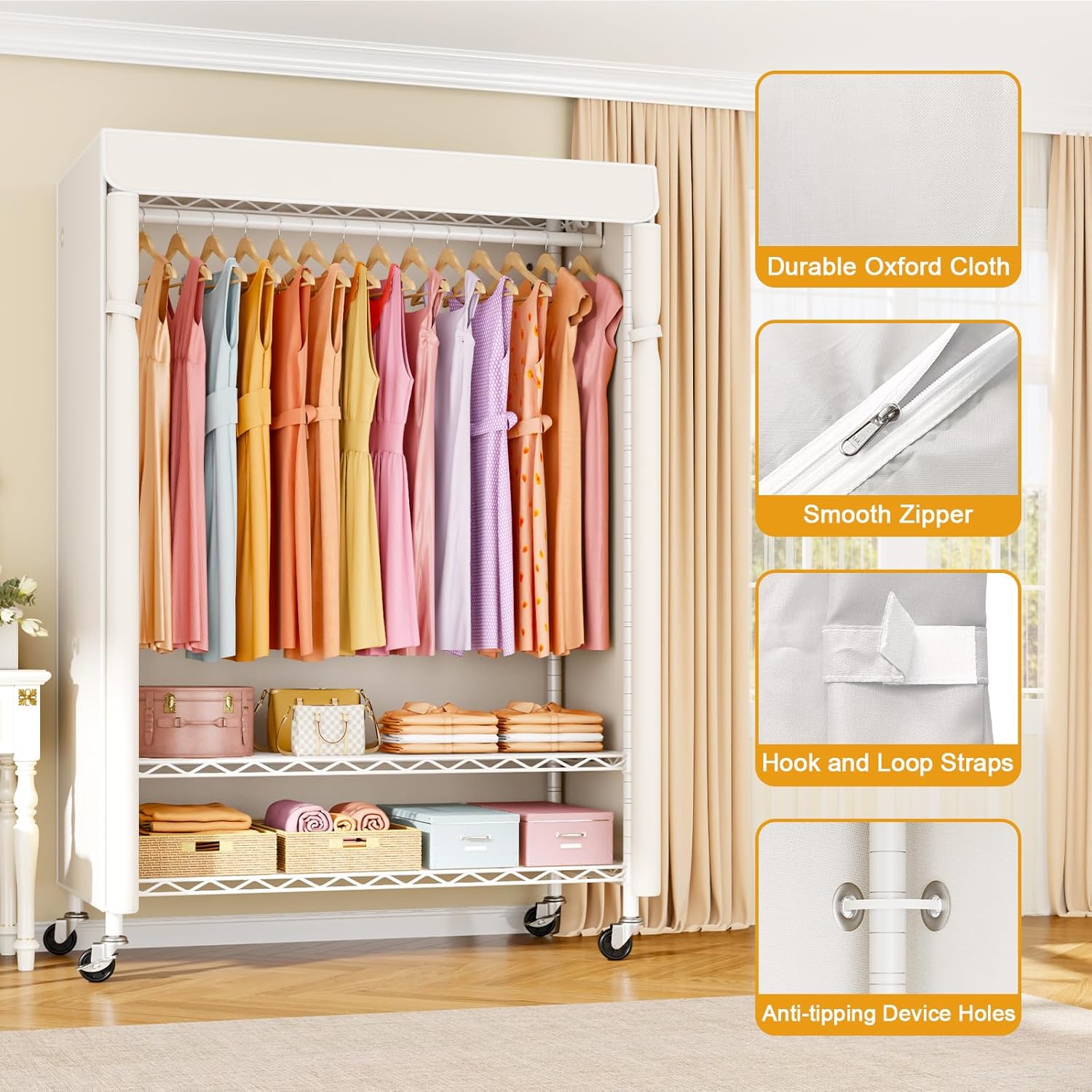 ULIFHOME P6C Plus Rolling Clothes Rack with Cover, Covered Clothing Rack Heavy Duty, Portable Closet for Hanging Clothes, Garment Rack on Wheels, White Closet Rack with White Cover, Max Load 375LBS