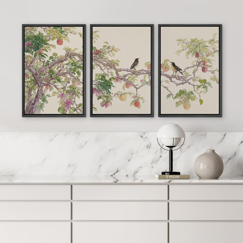 wall26 Framed Print Wall Art Set Watercolor Fruit Tree Branch with Birds Botanical Decorative Minimal Relax/Zen for Living Room, Bedroom, Office - 16'x24'x3 BLACK