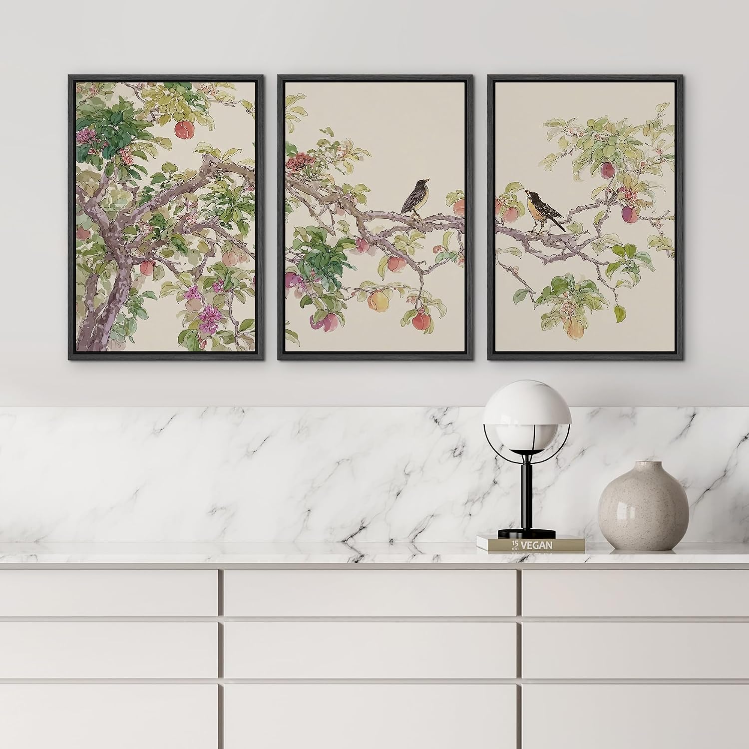 wall26 Framed Print Wall Art Set Watercolor Fruit Tree Branch with Birds Botanical Decorative Minimal Relax/Zen for Living Room, Bedroom, Office - 16'x24'x3 BLACK