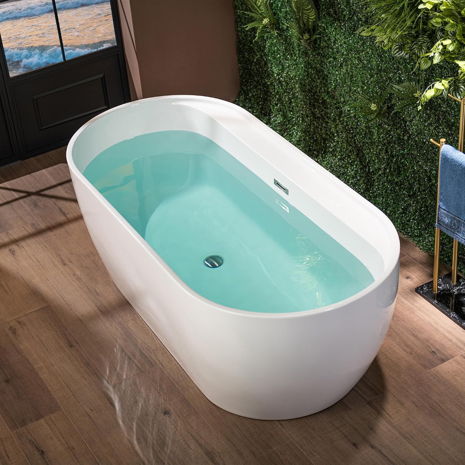 WOODBRIDGE 67' Acrylic Freestanding Bathtub Contemporary Soaking White Tub with Brushed Nickel Overflow and Drain,B0063-B/N
