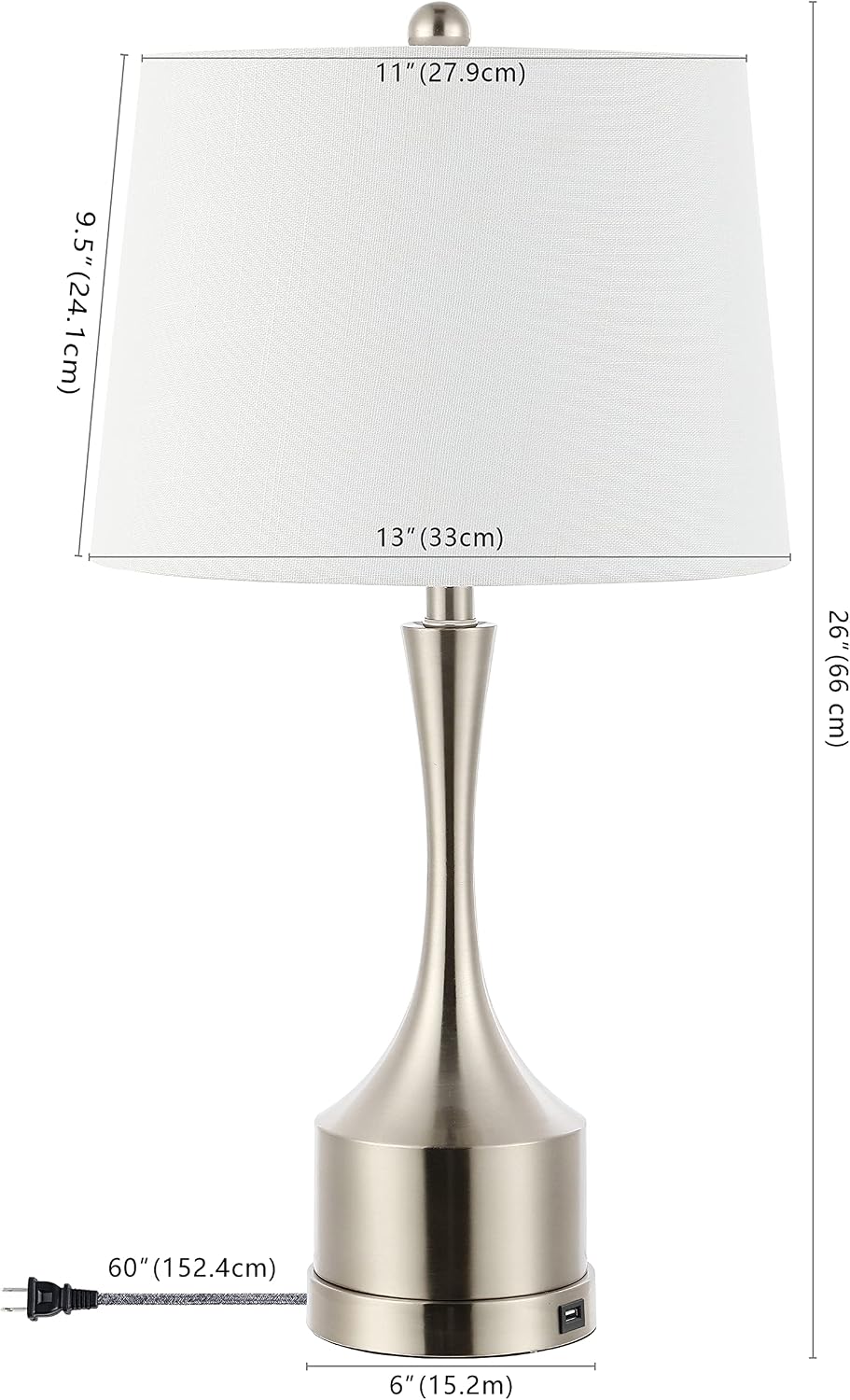 Eyely EYL4045B-SET2 Eliza 26' Classic French Country Iron LED Table Lamp w/USB Charge Port for Reading Room, Living Room, Office, Bedroom,Farmhouse, French Country, Coastal, Nickel (Set of 2)