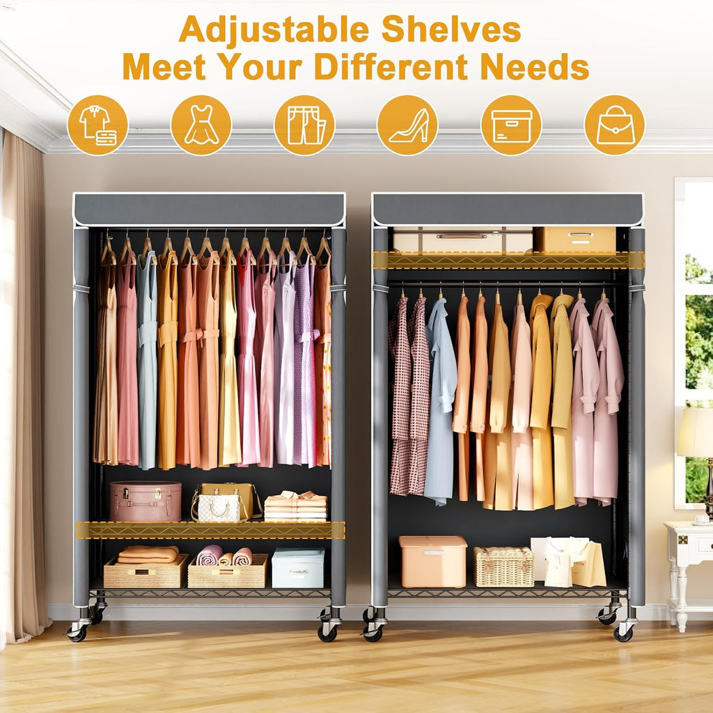 ULIFHOME P6C Rolling Clothes Rack with Cover, Covered Clothing Racks Heavy Duty, Portable Closet for Hanging Clothes, Garment Racks on Wheels, Black Closet Rack with Gray Cover, Max Load 365LBS