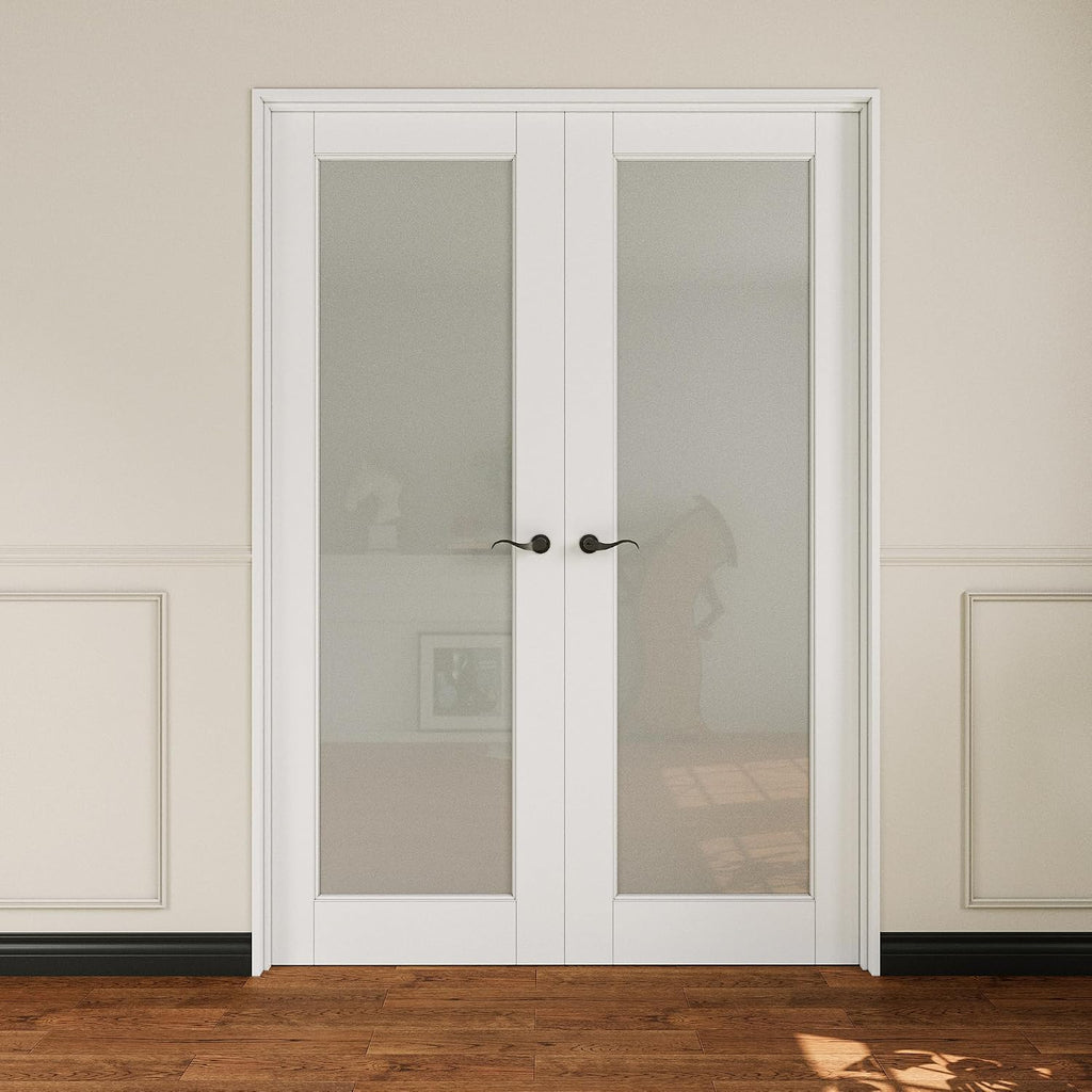 French Door 52' x 80' (Double 26' x 80') Frosted Glass Door Slabs with Pre-Hung Jamb, Black Hinges, Levers and Latch, White Primed, French Interior Doors with Frame, Swing Double Bedroom Doors