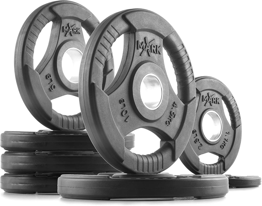 XMARK TRI-GRIP Pair or Set of Olympic Weight Plates, Rubber Coated Exercise Weights for Olympic Barbell, Strength Training Weight Set for Home Gym