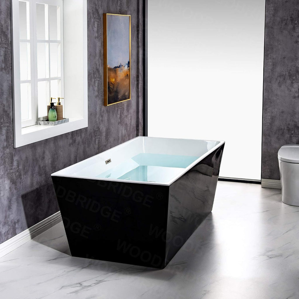 WOODBRIDGE 67' Acrylic Freestanding Bathtub Contemporary Soaking Black Tub with Brushed Nickel Overflow and Drain，BTA1812-BN
